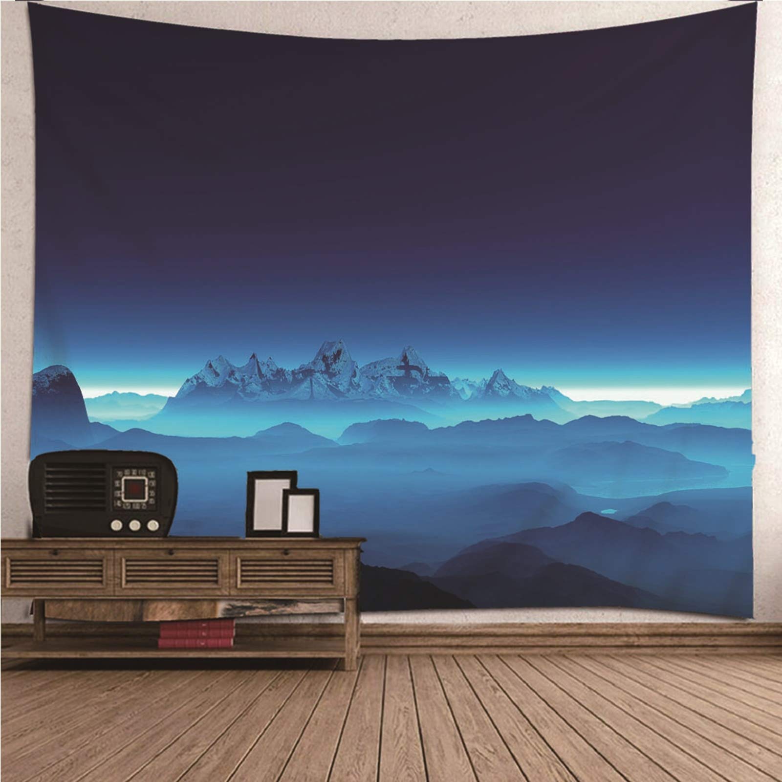Tapiz Chic Suelo De Habitación Paisaje Montaña Azul Negro Pared Tela Pequeño para Decoración Sala Estar del Dormitorio 260X240Cm