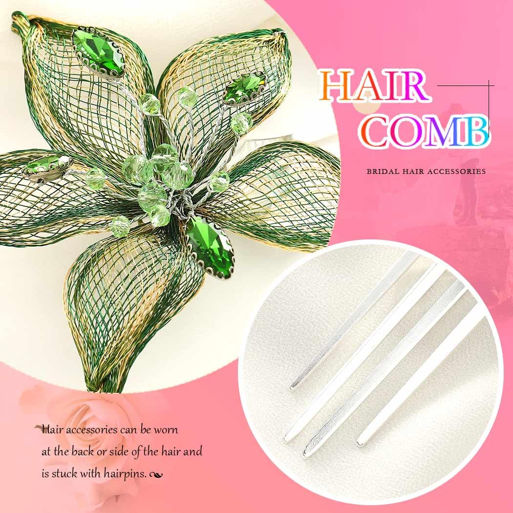 Casdre Flower Bride Wedding Hair Comb Silver Green Rhinestone Bridal Hair Piece Crystal Evening Party Hair Accessories for Women and Girls