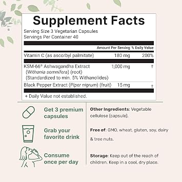 KSM-66 Ashwagandha 1,000mg Per Serving | 120 Veggie Capsules with Black Pepper for Better Absorption & Fat Soluble Vitamin C | Potent Root Extract | Stress, Relaxation, Sleep Support | Filler Free
