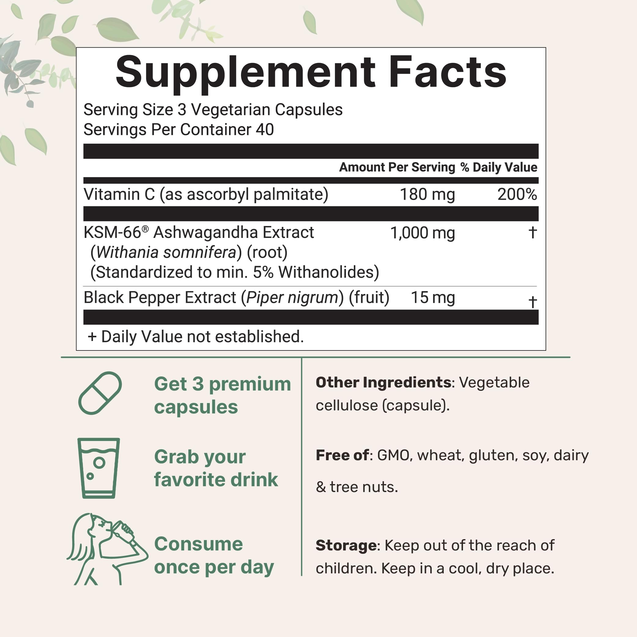 KSM-66 Ashwagandha 1,000mg Per Serving | 120 Veggie Capsules with Black Pepper for Better Absorption & Fat Soluble Vitamin C | Potent Root Extract | Stress, Relaxation, & Sleep Support | Filler Free — Amazon image 2