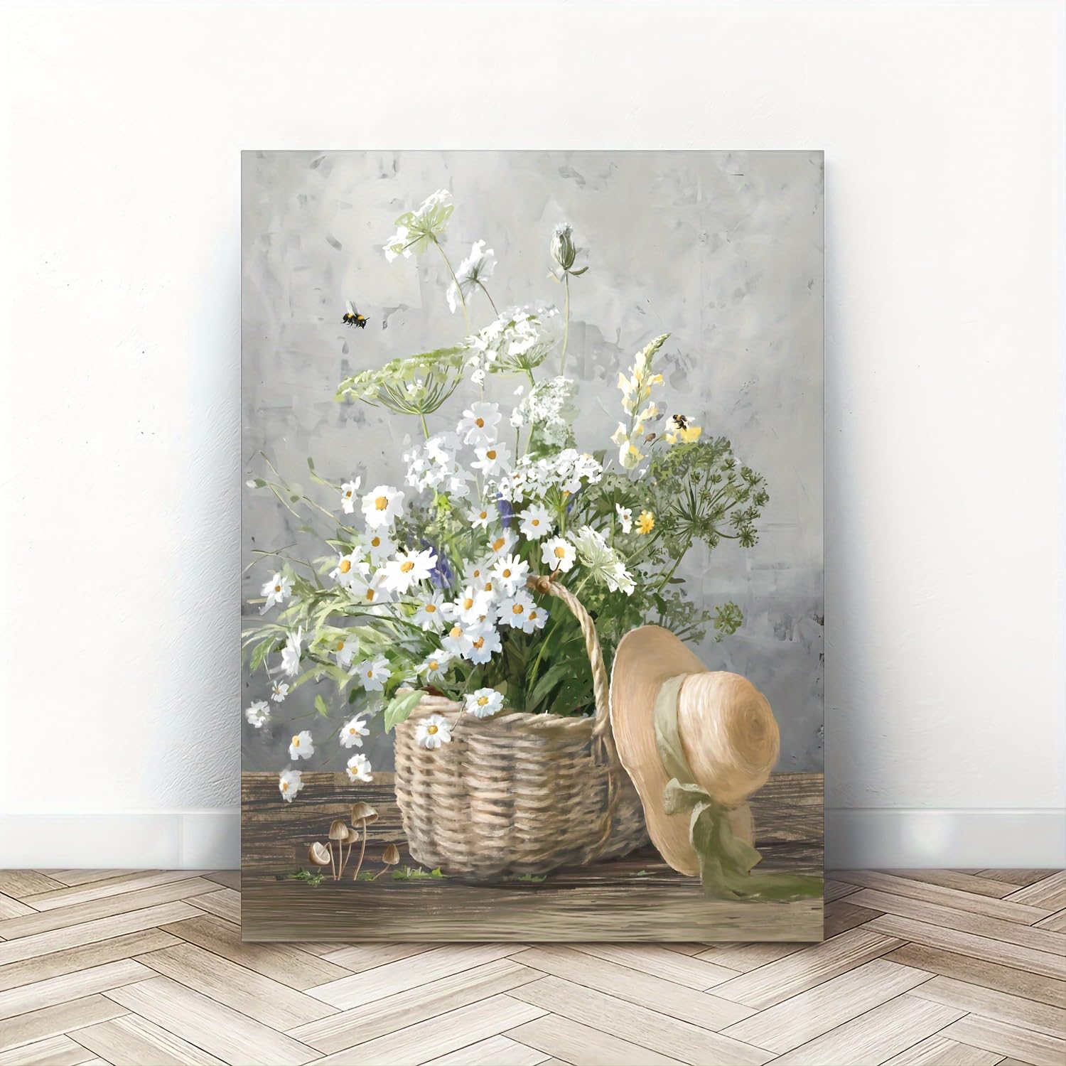 LSYALUCK Rustic Botanical Wall Art Nature Themed Floral Daisy Flowers & Busy Bees Painting, Farmhouse Vintage Canvas for Living Room(60x80cm(24x31in)/InnerFrame)