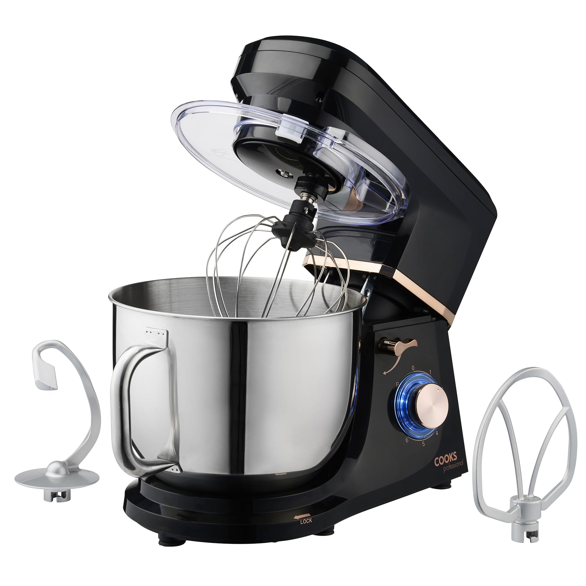 Cooks Professional Stand Mixer 1200W with 6 Speeds & Pulse, 7L S-Steel Mixing Bowl, Splash Guard, Whisk, Beater & Dough Hook | Electric Kitchen Mixer for Cakes, Bread, Baking | Black & Rose Gold