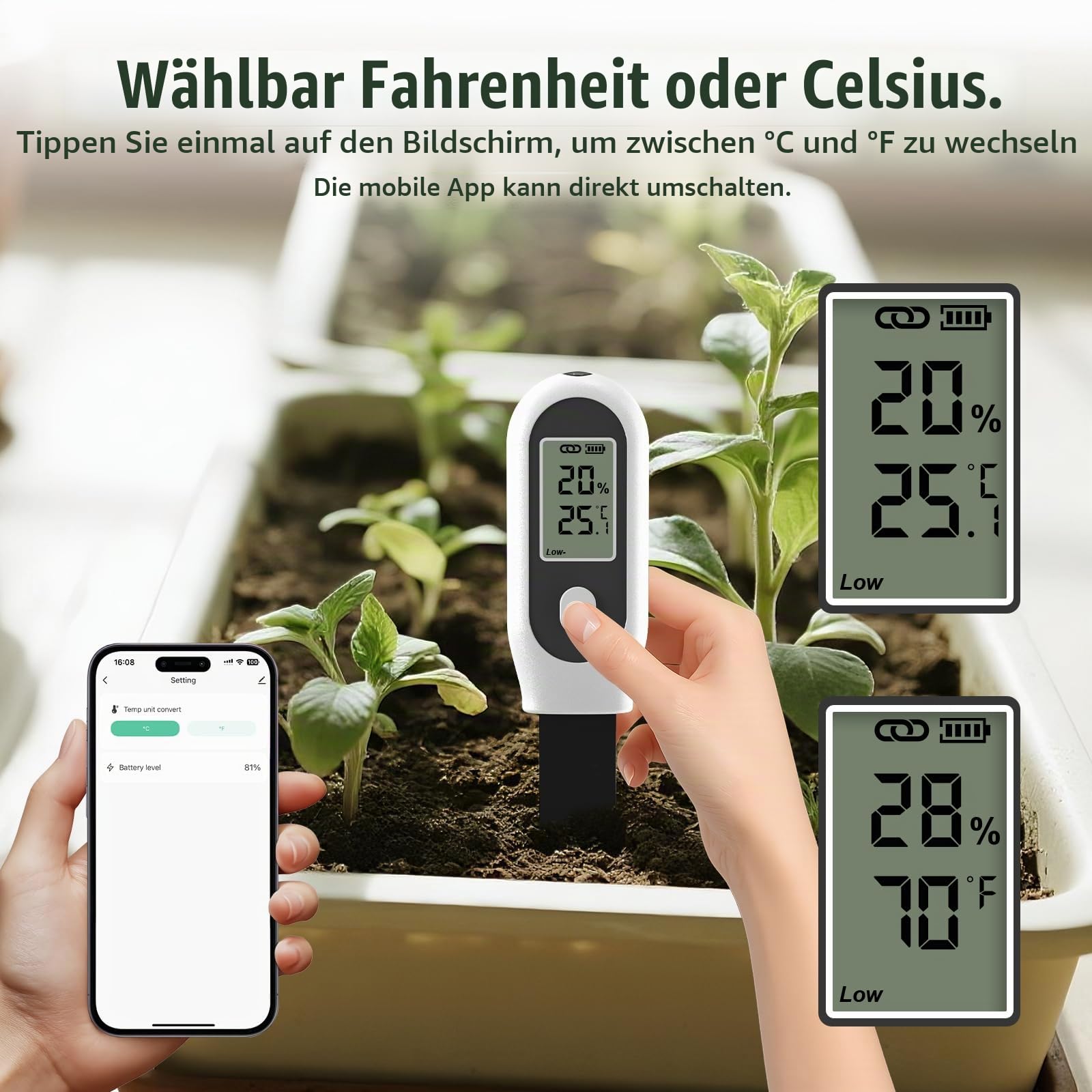 GIEX Zigbee 3-in-1 Bodenfeuchtesensor, 2er-Pack, für Garten mit Temperatur- & Lichtmessung, kompatibel mit Tuya Smart App & Home Assistant