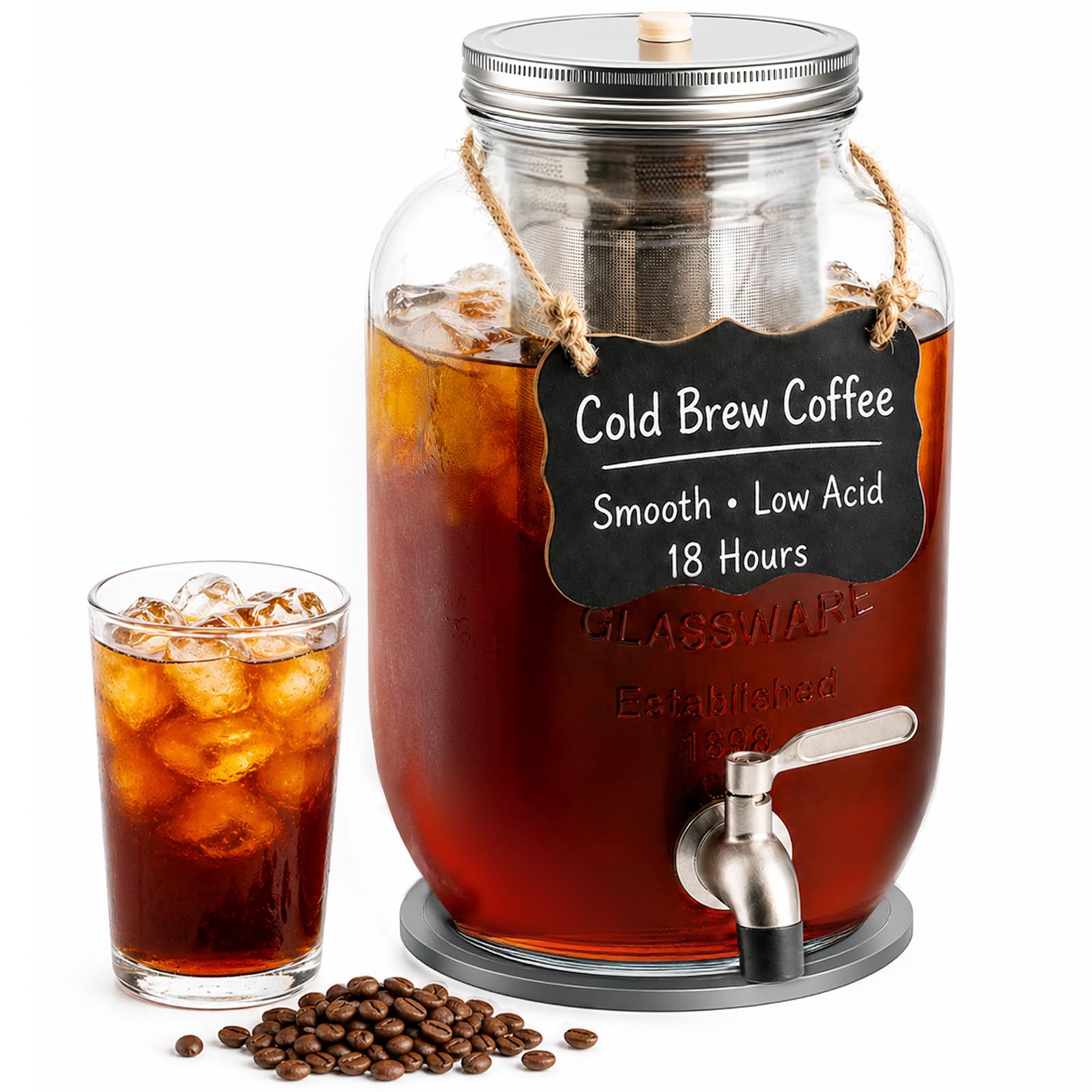 Photo 1 of 1 Gallon Cold Brew Coffee Maker – Heavy Duty Glass Iced Coffee Maker with Stainless Steel Filter, 128oz Mason Jar Cold Brew Pitcher with Spigot Perfect for Iced Coffee, Cold Brew, and Iced Tea Brewing