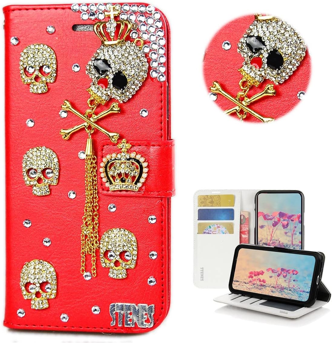 STENES Bling Wallet Phone Case Compatible with Samsung Galaxy Note 9 - Stylish - 3D Handmade Crown Skull Tassel Pendant Design Leather Cover with Screen Protector & Neck Strap Lanyard - Red
