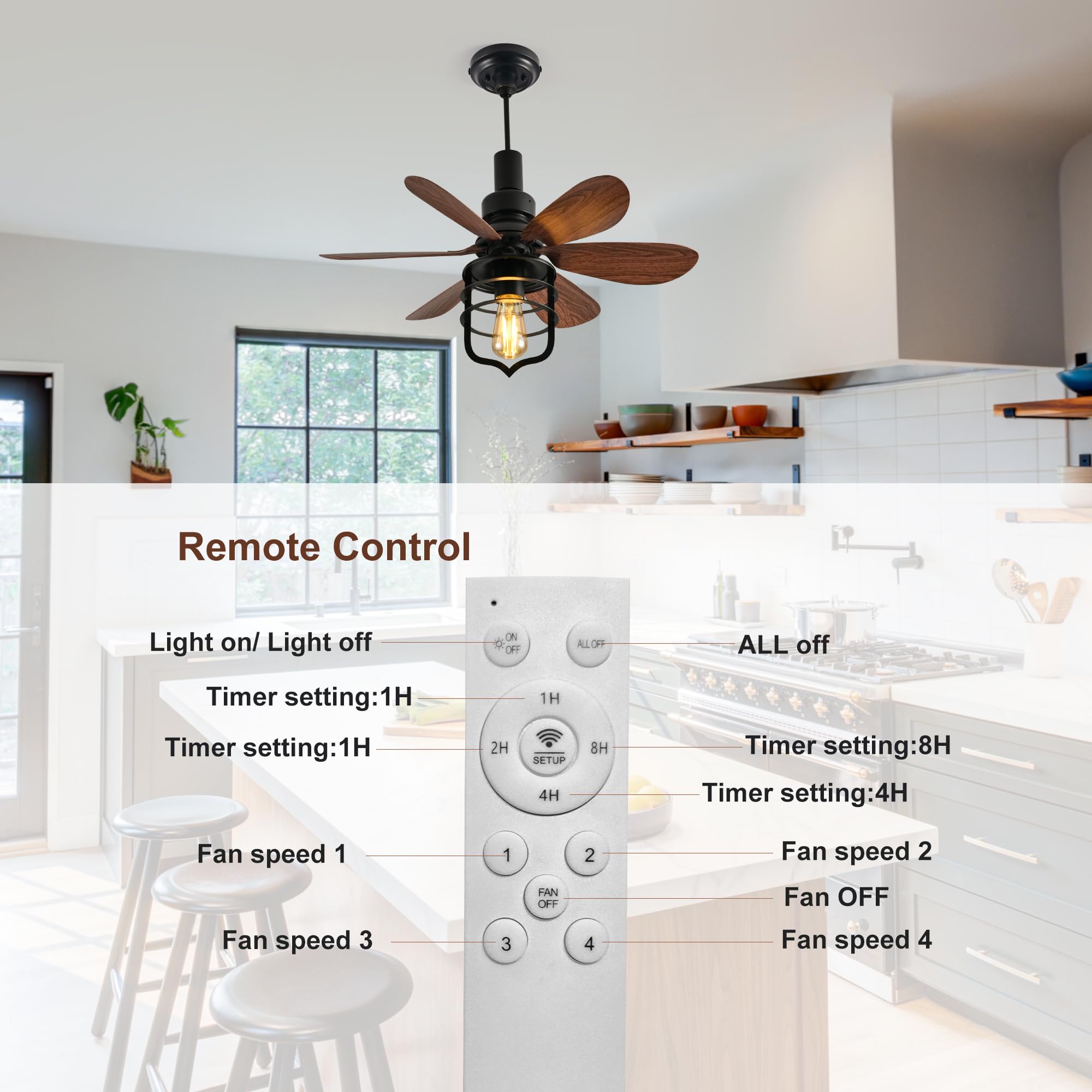 Ganeed Klein Schraube-in Deckenventilator mit Licht und Fernbedienung Decke Lampe mit Ventilator Industrie-Stil Licht Ventilator E27 Fassung für Klein Schlafzimmer Waschküche Lager Garage Schwarz