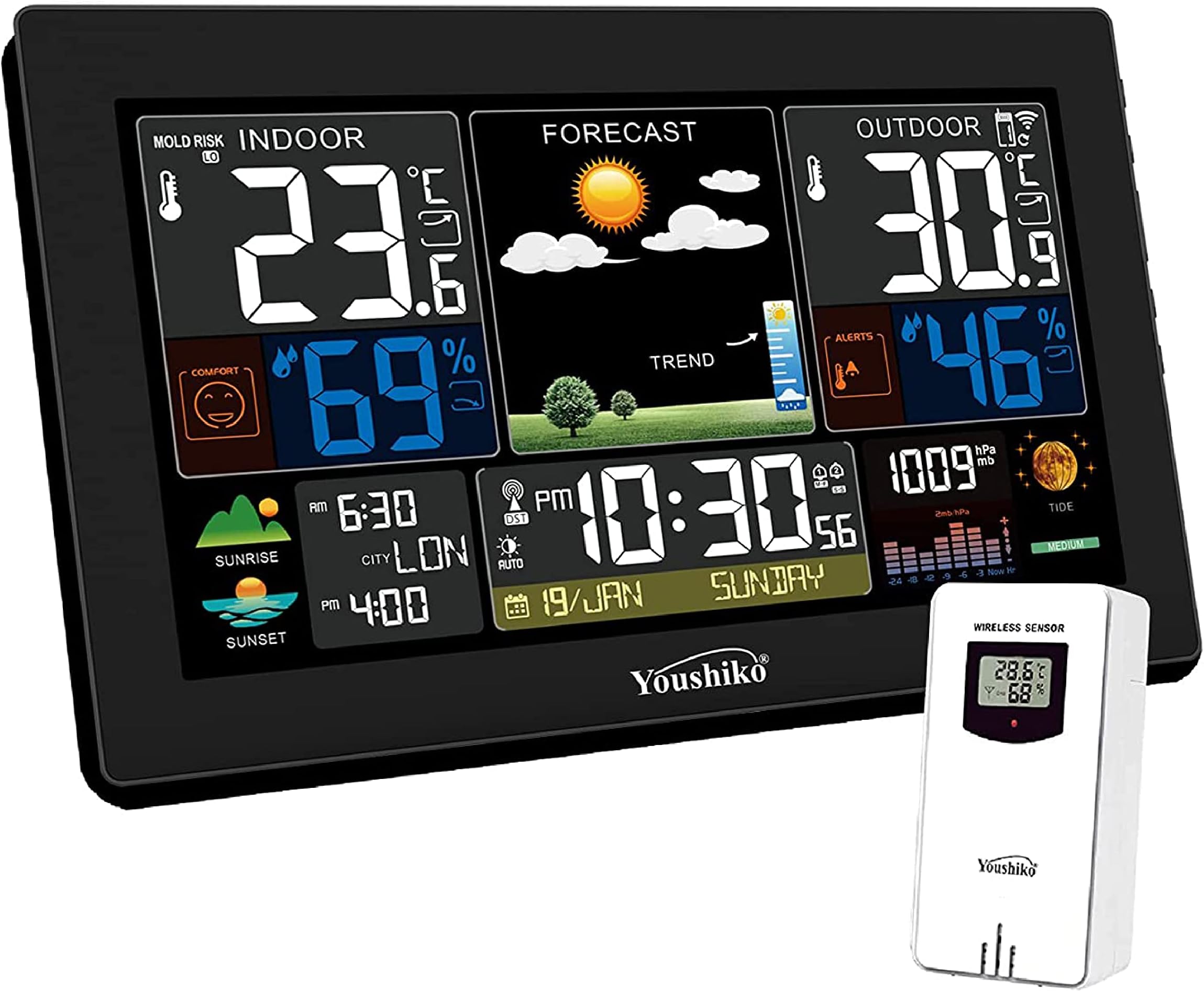 XL YC9445 (Official 2025 UK Version) Weather Station Radio Controlled Clock, Indoor Outdoor Temperature, Humidity, Barometric Pressure, Sunrise/Sunset Times