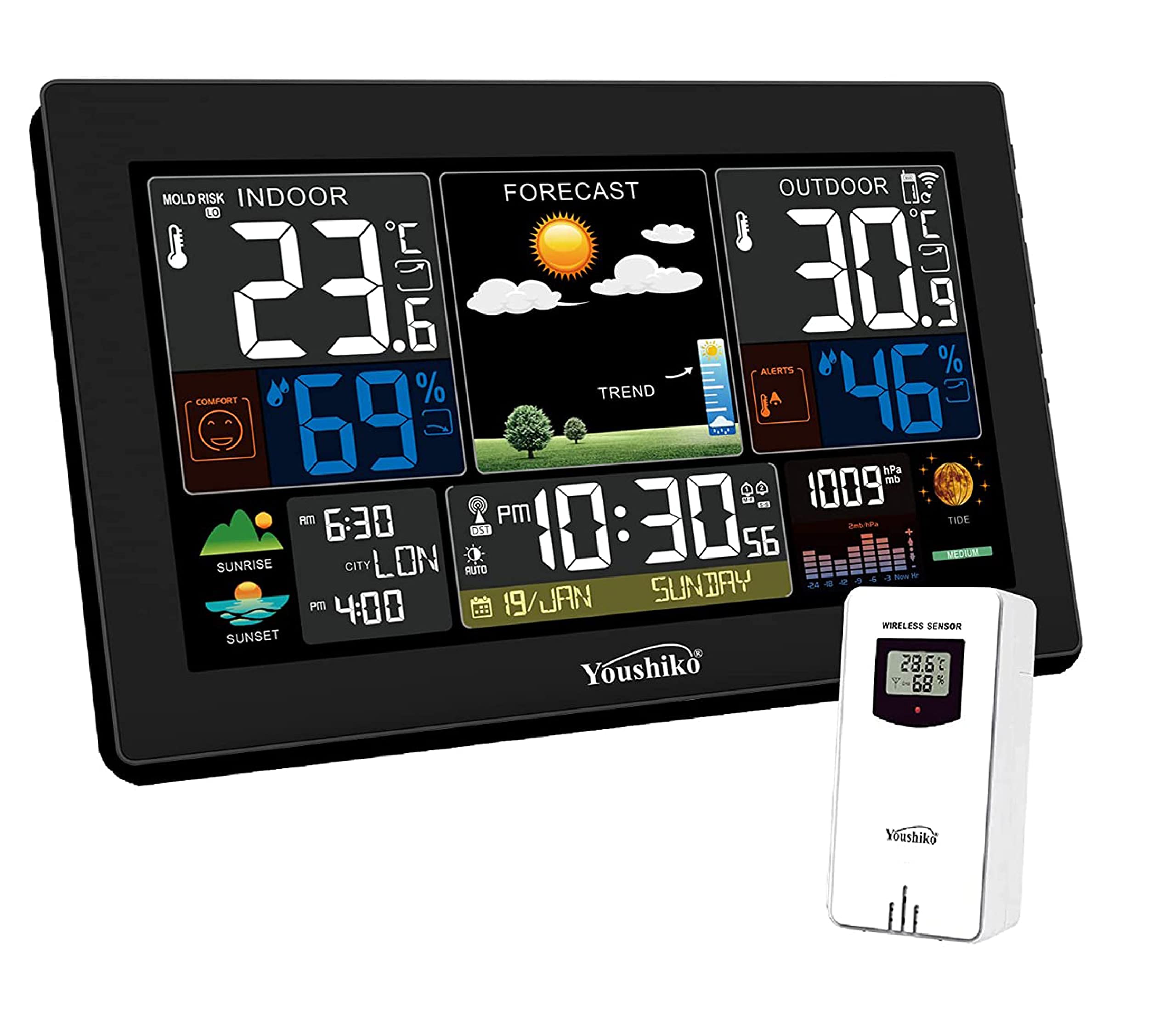 XL YC9445 (Official 2024 UK Version) Weather Station Radio Controlled Clock, Indoor Outdoor Temperature, Humidity, Barometric Pressure, Sunrise/Sunset Times