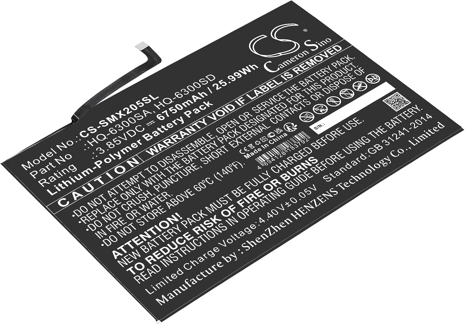 Cameron Sino Battery for Samsung SM-X200, SM-X205, Tab A8 10.5 PN:Samsung HQ-6300SA, HQ-6300SD 6750mAh / 25.99Wh