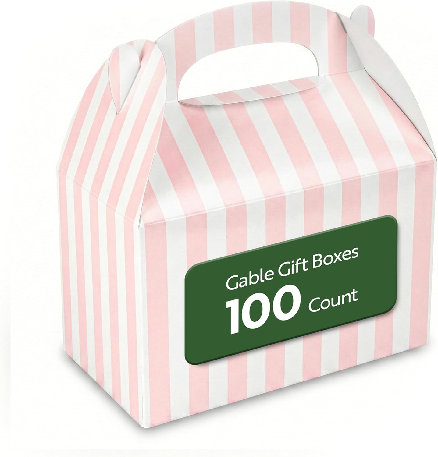 Bio Tek 6 x 3.5 x 3.5 Inch Gable Boxes For Party Favors, 100 Attractive Gift Boxes - Striped Design, With Built-In Handle, Pink And White Paper Barn Boxes, Disposable, For Parties