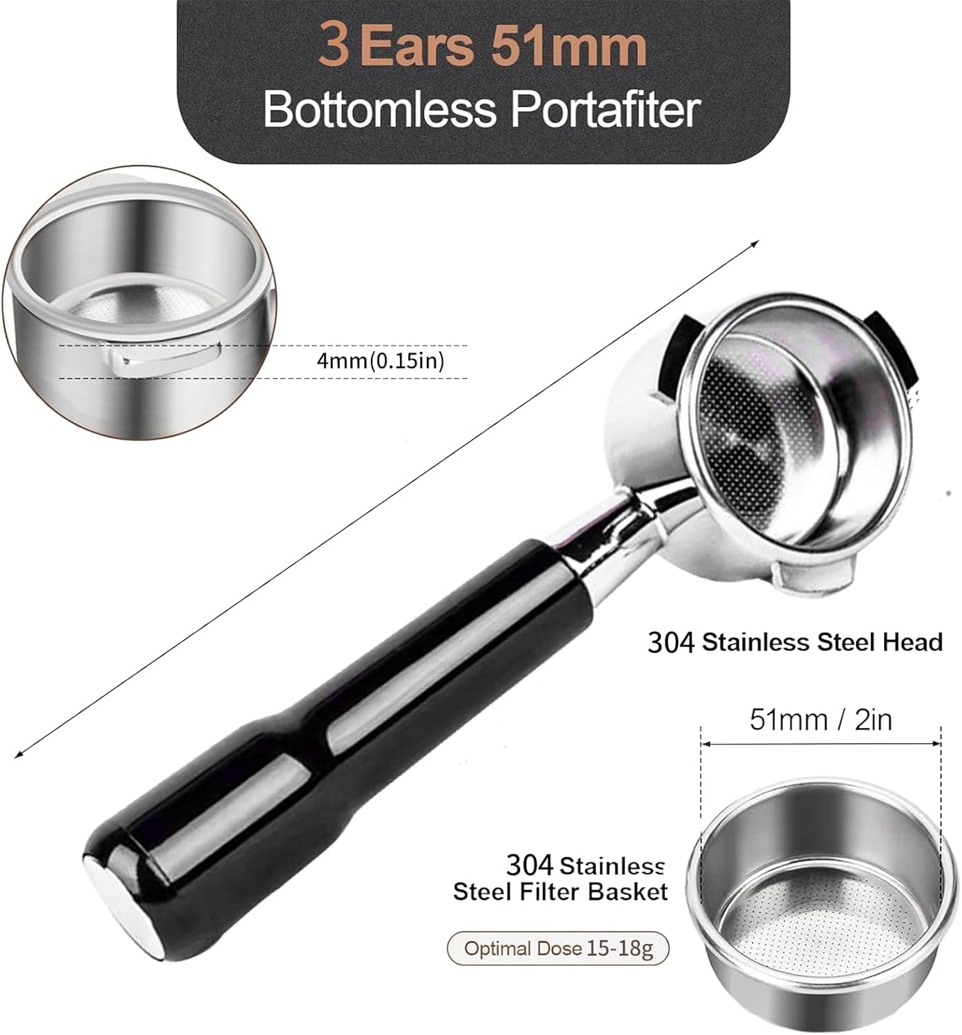 51mm Bottomless Portafilter Compatible for CASABREWS Espresso Machine CM5418, 3700 Series, Mr. Coffee Espresso and Cappuccino Machine, with Stainless Steel Double Shot Capacity Cup Filter Basket
