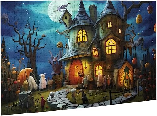 Miniatura 10 de Rompecabezas para adultos de 200 piezas, rompecabezas de feliz Halloween, linterna, formación de cabaña, imágenes artísticas de pared de madera para