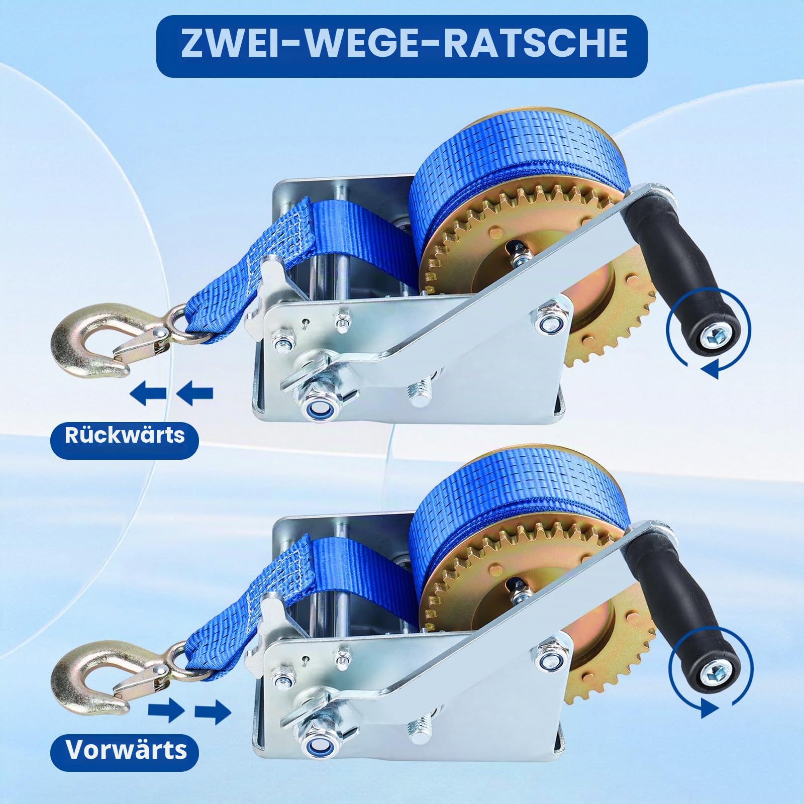 FreeTec Handwinde 1130 kg Gurtwinde Winde mit Blau Gurt Bergungswinde Bootswinde Handwinde Winde (10m 2500lbs)