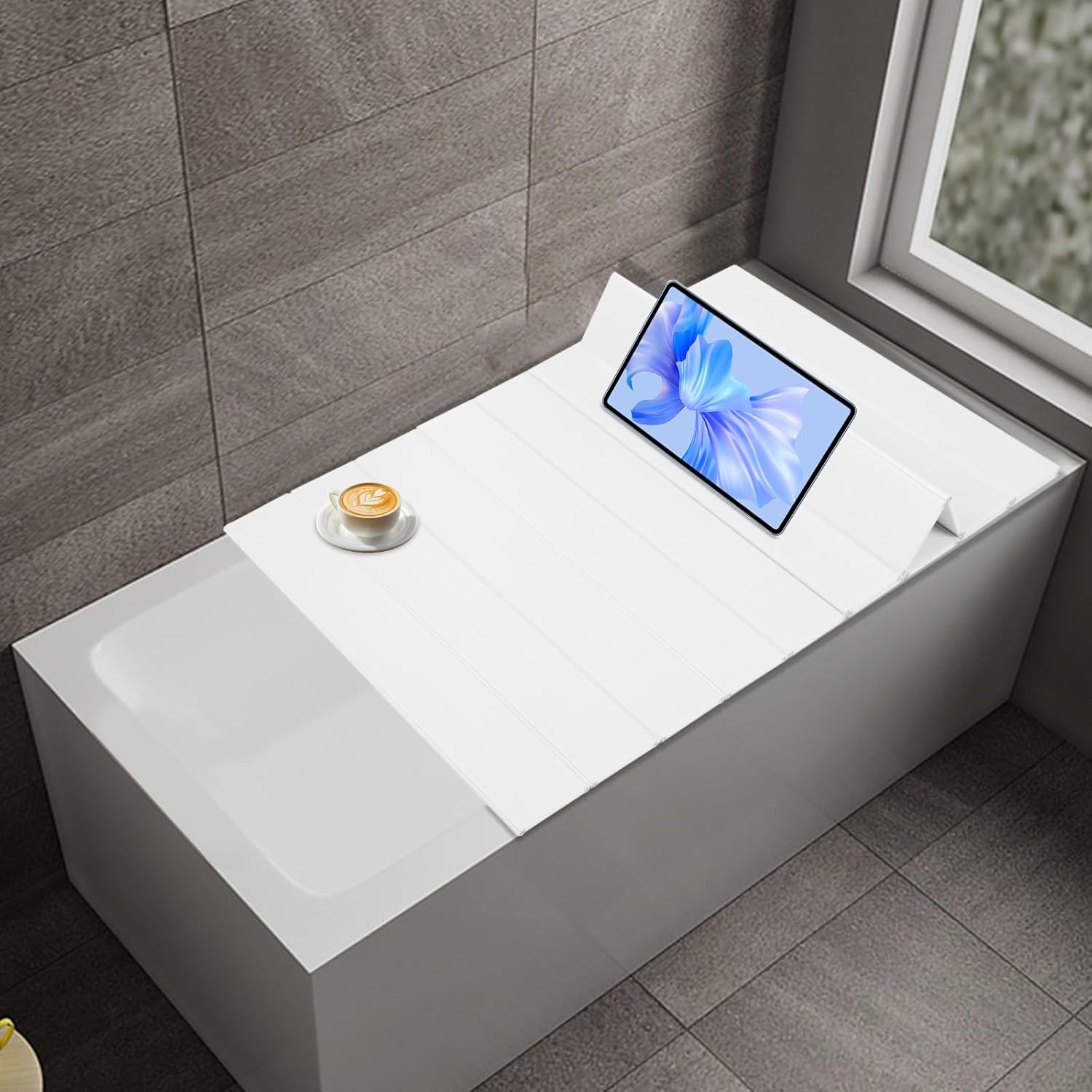 Foldable Bathtub Cover Tray, Dual Use Heat Retaining and Storage Shelf, Dust Proof Pet Safe Design, Eco-Friendly PVC with 11lb Capacity for Standard Tubs (White/Yellow) (White, 150 * 80 * 0.65cm)