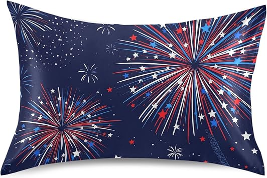Gredecor Satin Pillowcase Standard Size Blue White Red Fireworks-2 Pillow Cases Silky Pillow Cover for Home Sofa Bedroom 20x26 in