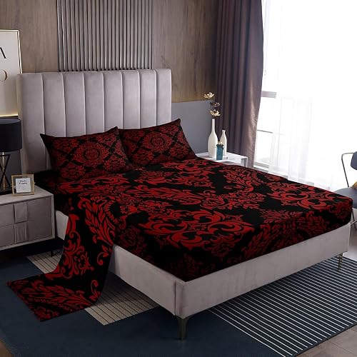 Feelyou Red Vintage Damask Floral Bed Sheets Set King Size 4