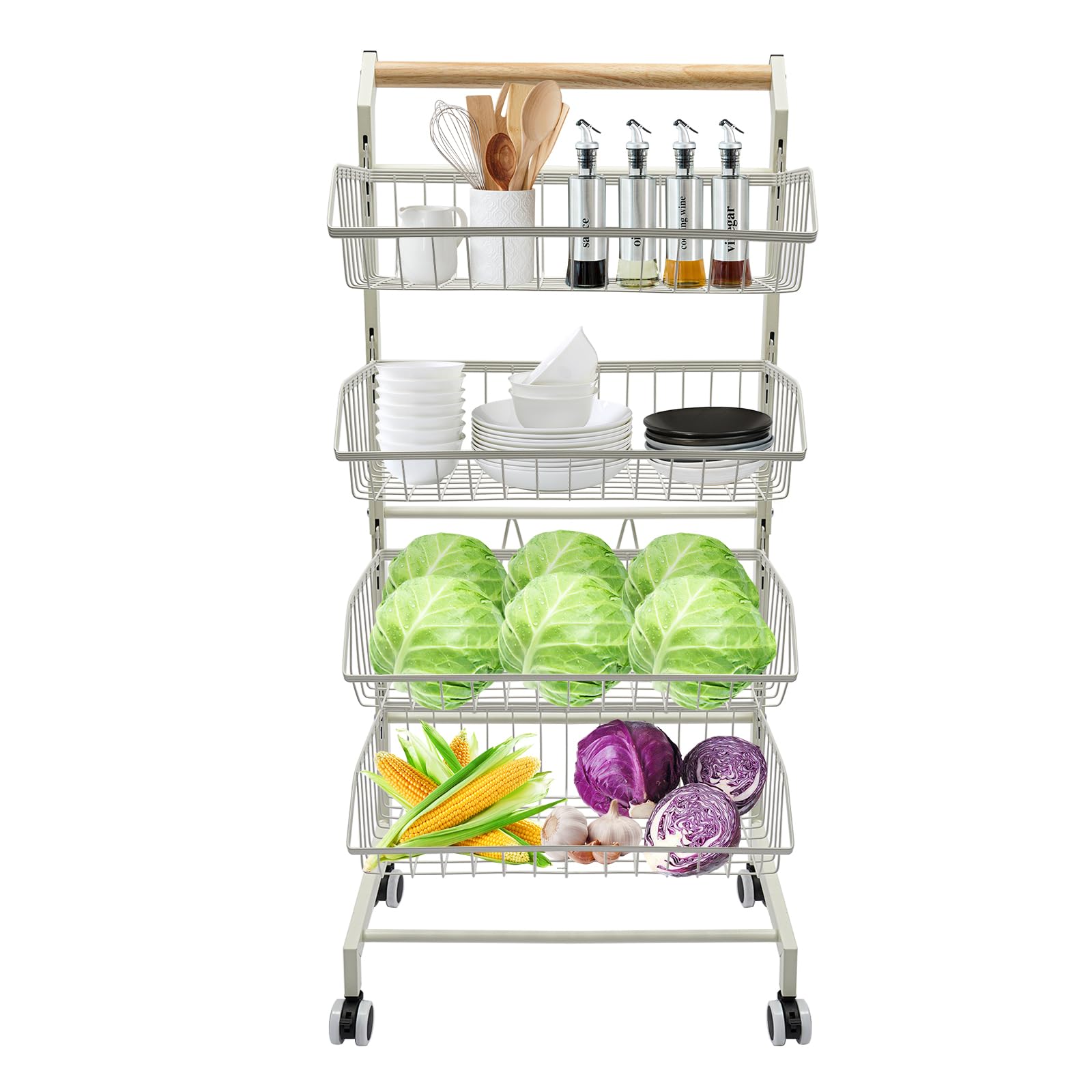 Expositor con 4 cestas con ruedas, cesta apilable, cesta para roedores de productos, soporte de rejilla, carrito de cocina, carrito de cocina grande, almacenamiento móvil