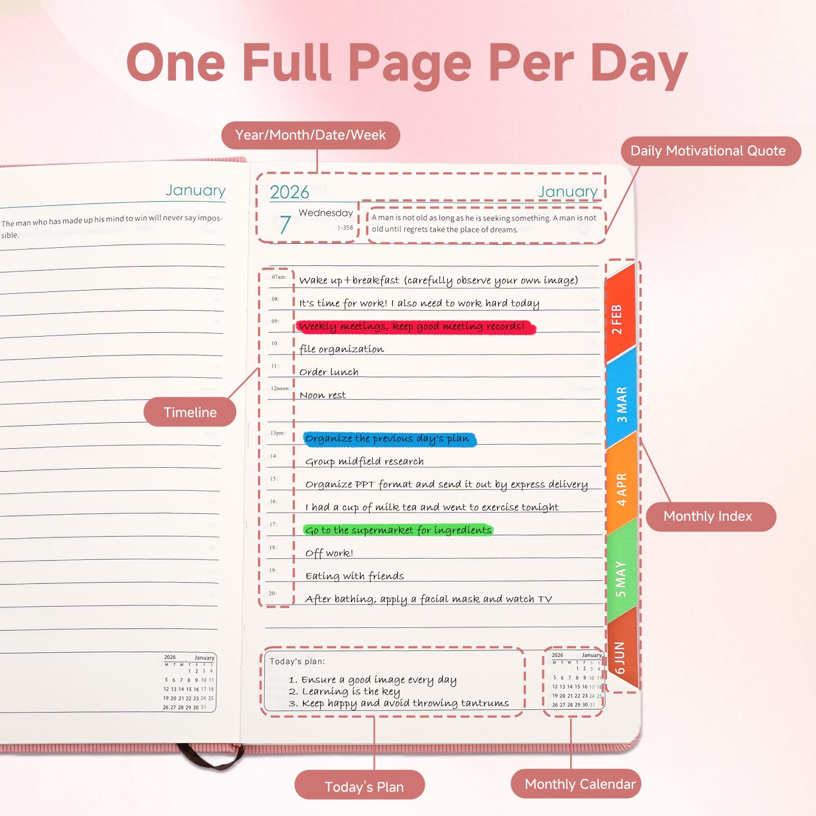 Picoway Agenda 2026, tamaño A5, 400 páginas, color rosa, calendario diario semanal y mensual con papel grueso, una página completa por día, de enero de 2026 a diciembre de 2026, cuaderno de tapa dura