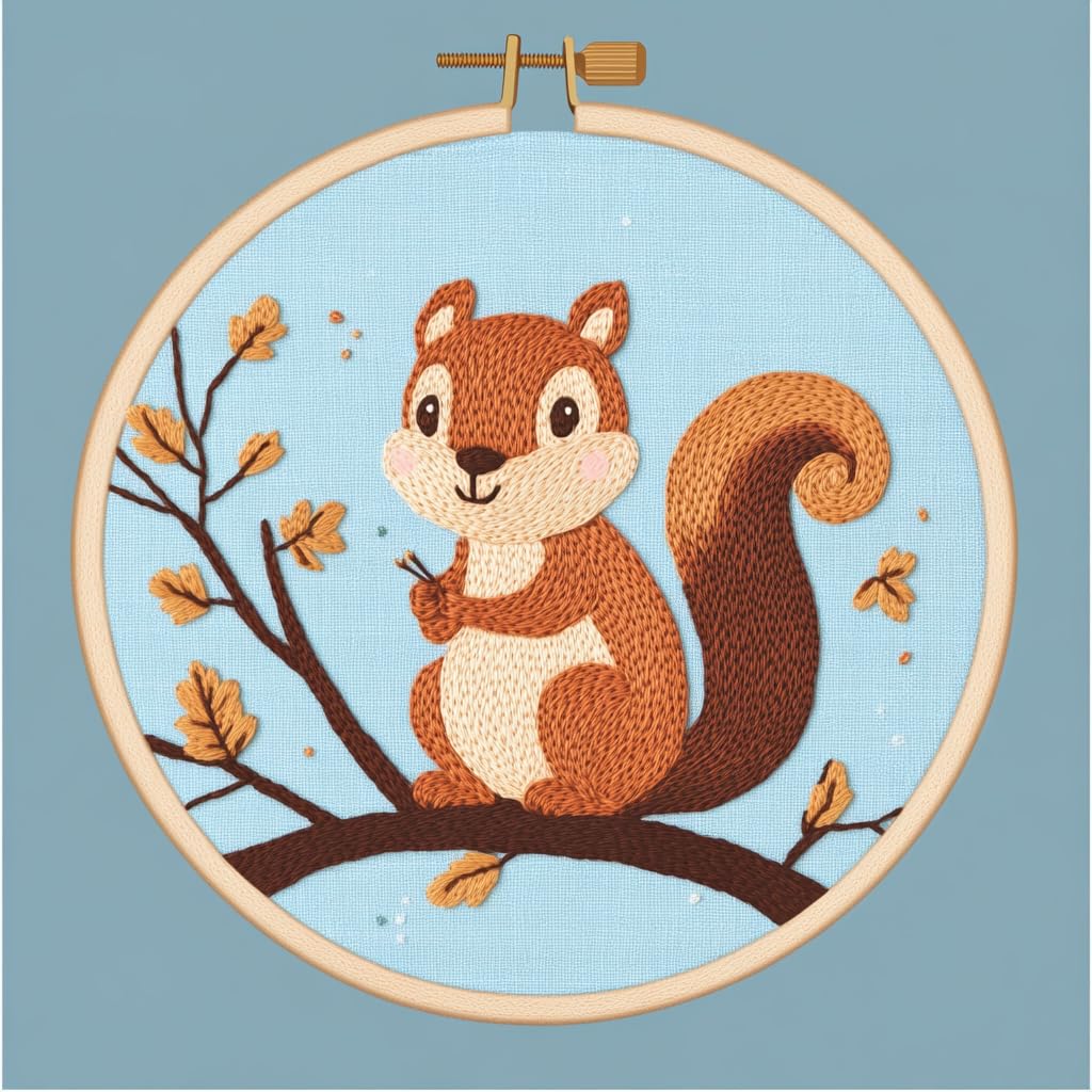 DIY Punch Needle Kits for Beginners Squirrel with Hoop Embroidery Punch Needle Starter Craft Set Easy for Adults and Children Festival Gift and Decoration 20x20cm-1