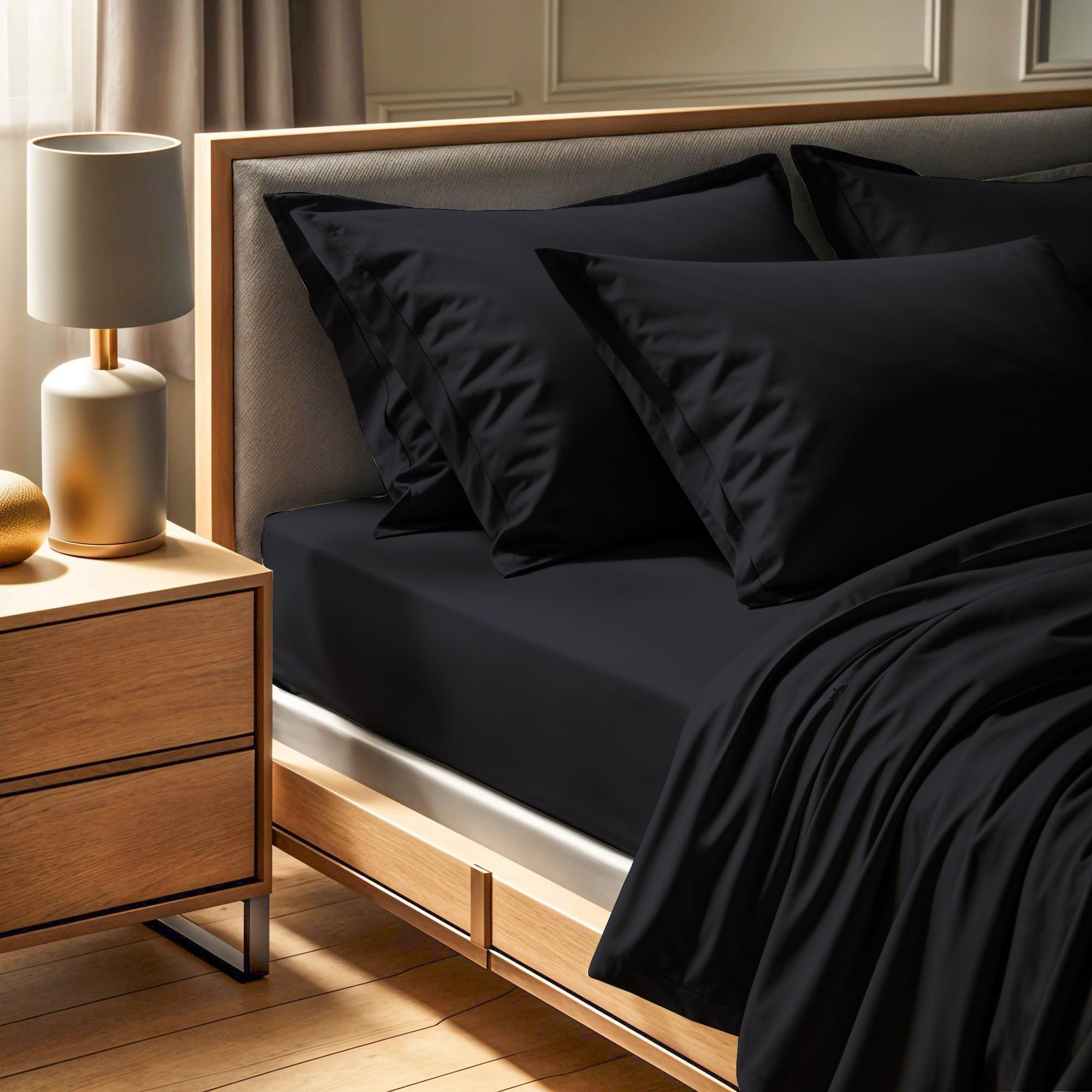 Premium Ranforce King Fitted Sheet (160 x 200 + 30 cm), 100% Cotton, 145 Thread Count, Machine Washable at 30°C, Elegant Black Colour for Luxurious Comfort