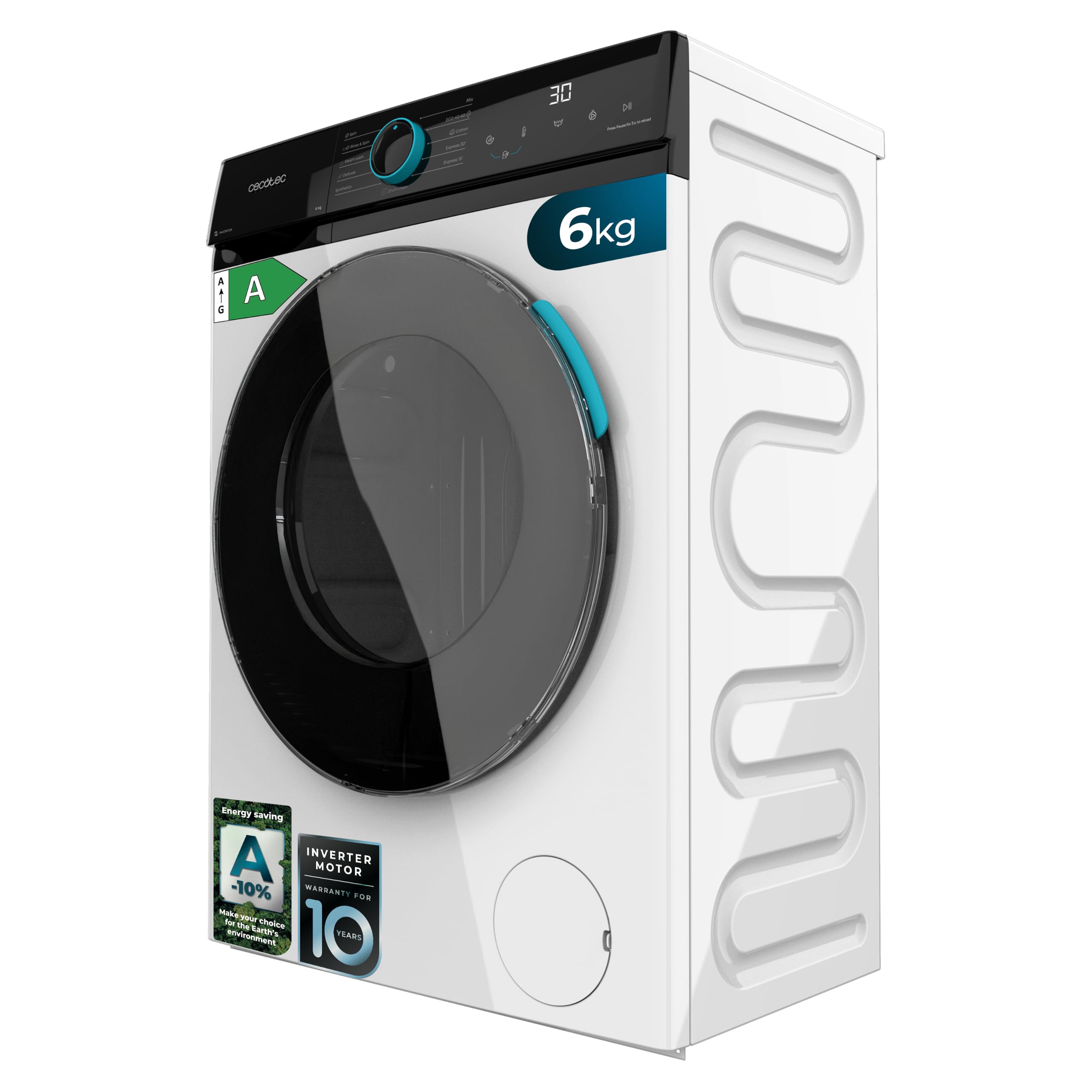 Cecotec Lavadora 6Kg Carga Frontal Bolero DressCode 6160 Inverter. 1200RPM, 11 Programas, Bajo Consumo, Motor Inverter Plus, Steam Max, Drum Clean, Programa Rápido 15', Panel con Display LED