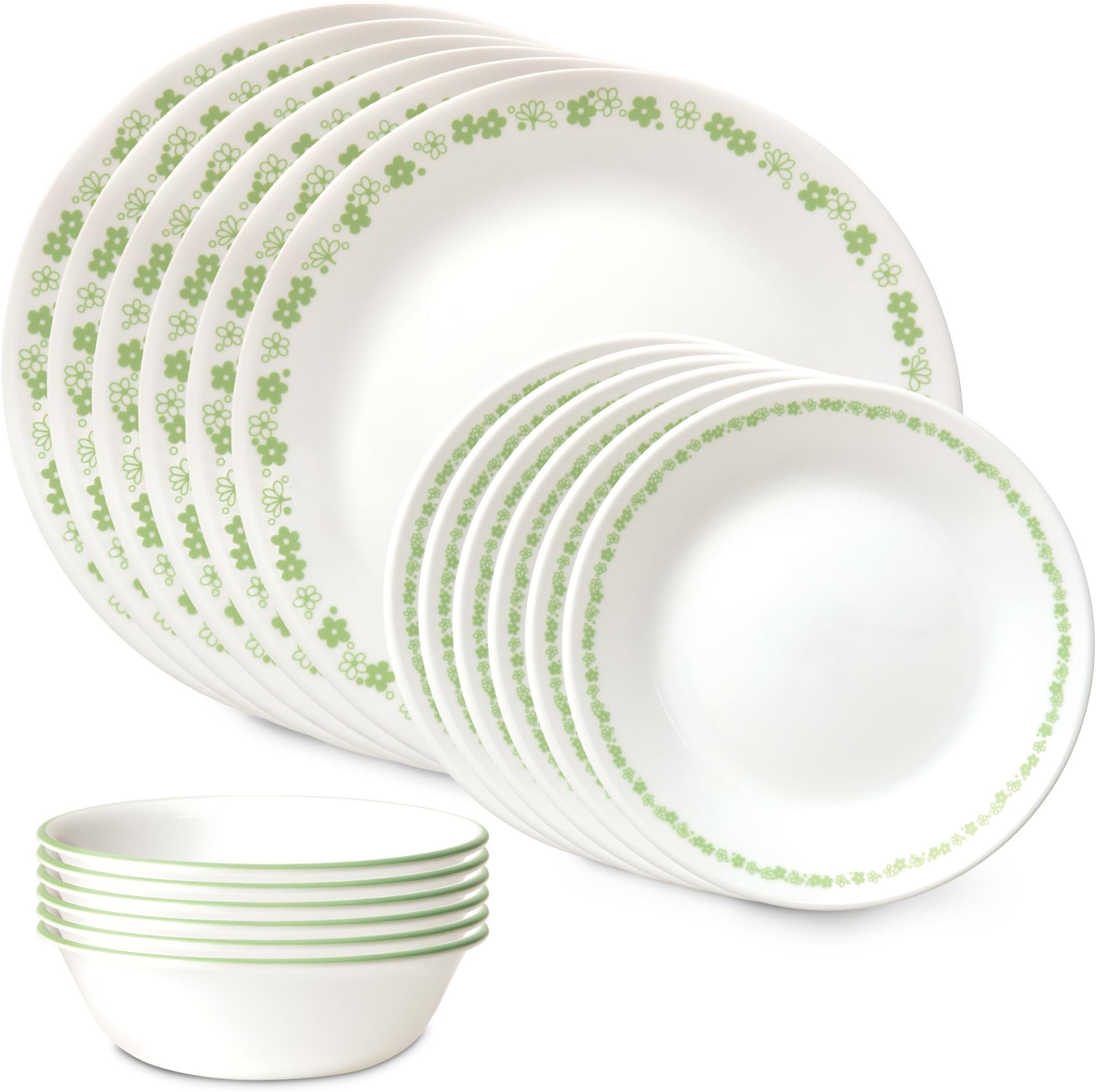 Vitrelle 18 Piece Glass Dinnerware Sets, Service for 6, Triple Layer Chip & Crack Resistant Glass Plate and Bowl Sets, Spring Blossom Green