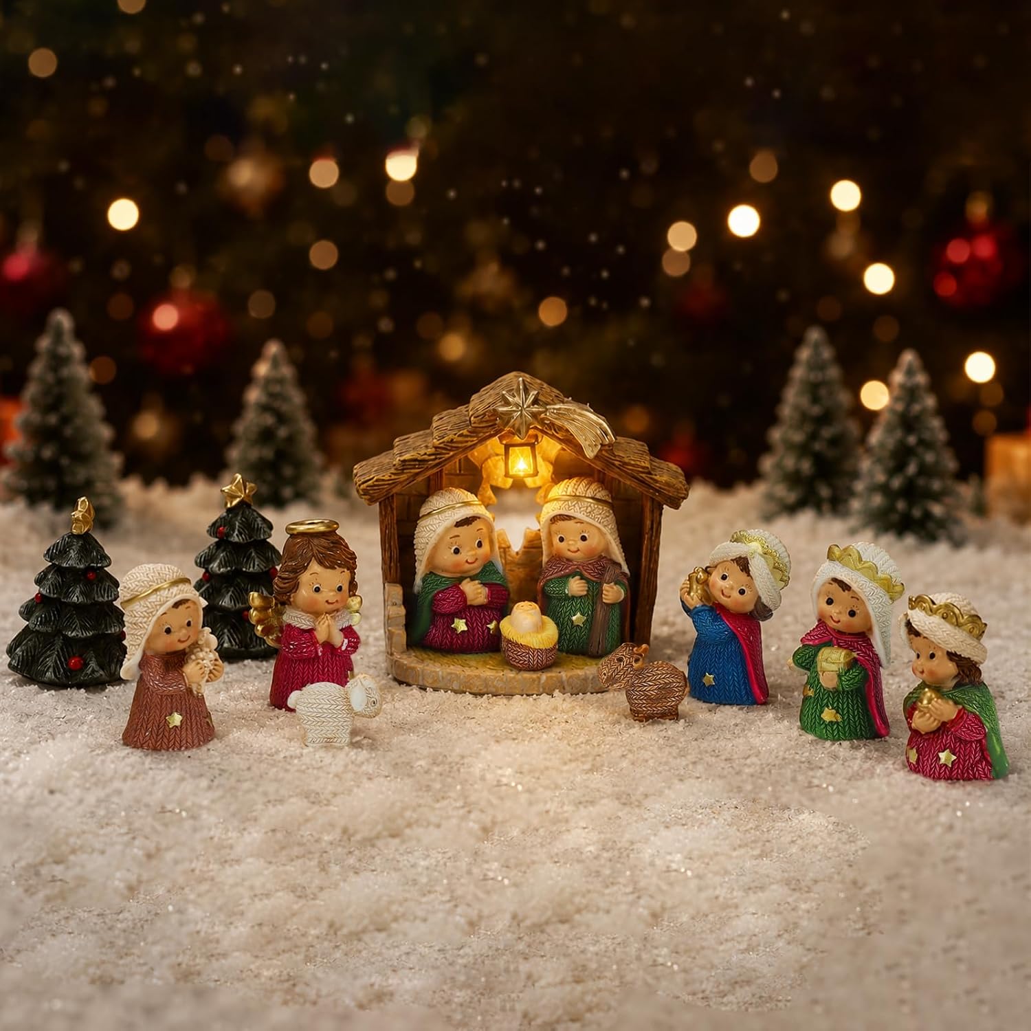 ALIMOTA Christmas Nativity Set with LED Lights, 13 Piece Nativity Scene Figurines with Baby Jesus Holy Family Manger, Resin Christmas Decorations Tabletop Decor for Home Mantel Shelf Religious