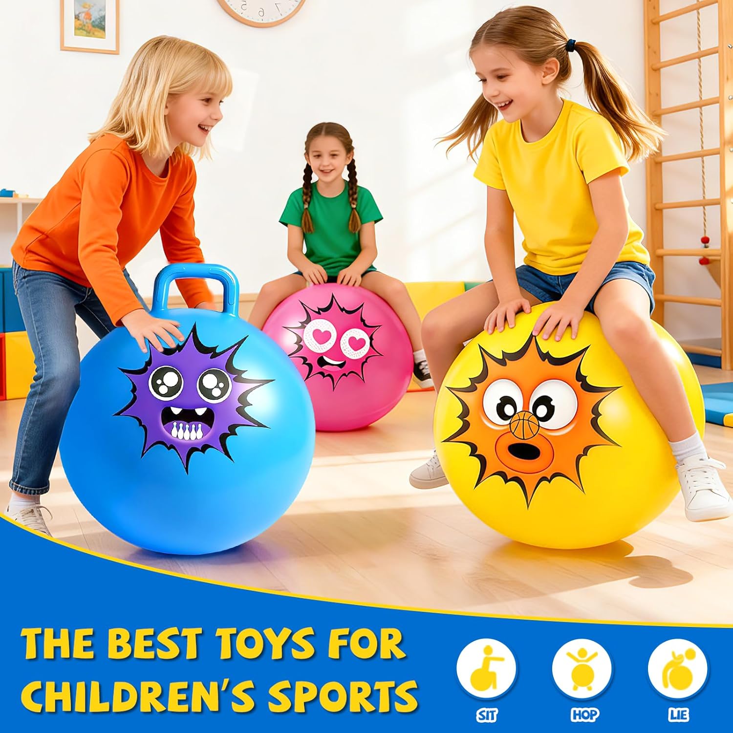 Hymaz Hopper Ball for Kids 3-6, 3 Pack Bouncy Balls with Handle, Inflatable Sit On Jumping Bouncing Hoppity Hop Ball, Garden Hopping Toys for Boys Girls Indoor Outdoor Active Play Gifts, 15 Inch