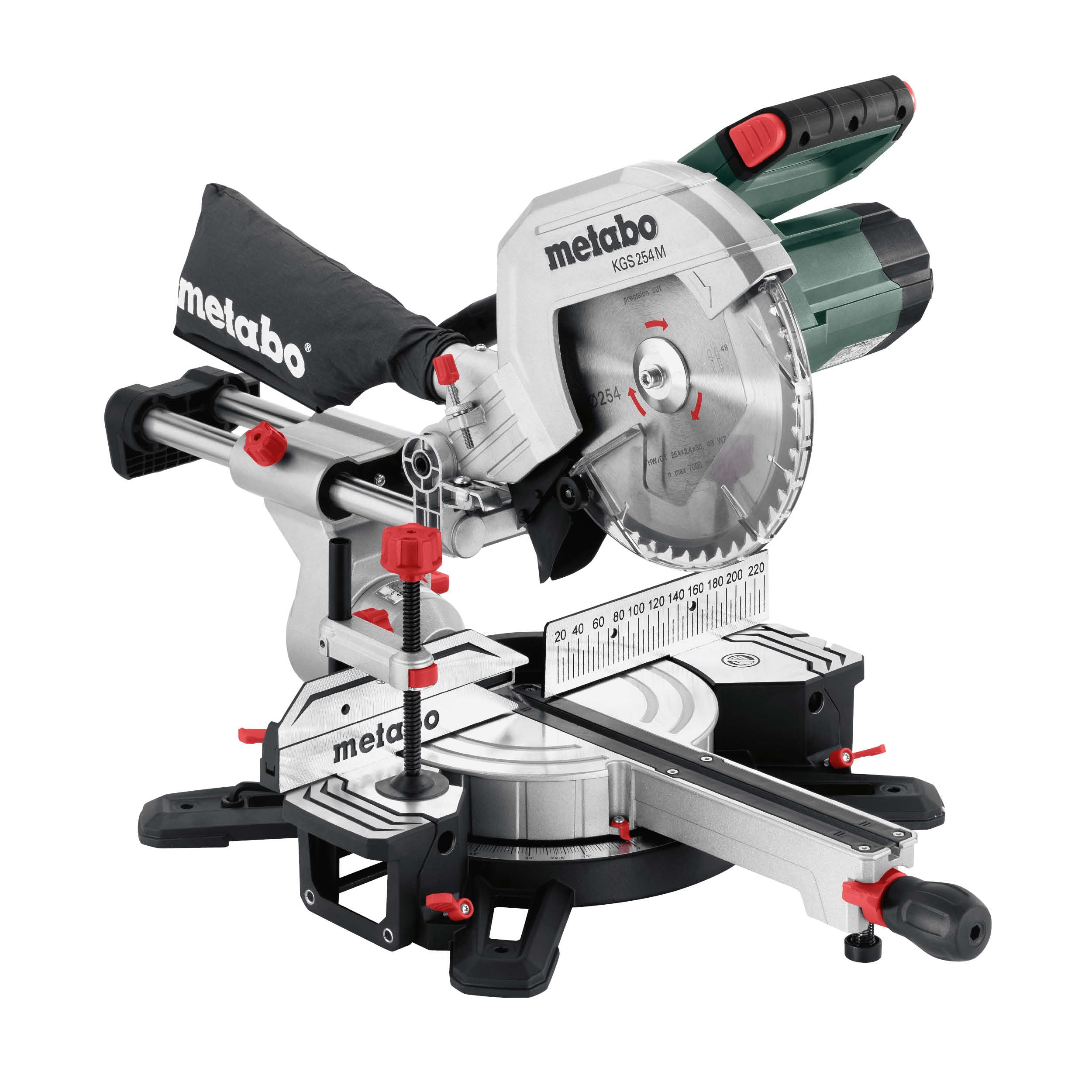 metabo Kapp- und Gehrungssäge KGS 254 M, Zugfunktion, 254 mm Sägeblatt | Präzise LED Schnittlinie PCL, Sanftanlauf, inkl. Sägeblatt Precision Cut Wood, Materialklemme & Spänefangsack