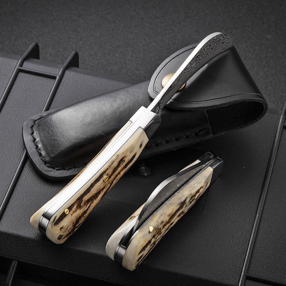 Klappmesser Edc Klein Taschenmesser damast Outdoor aus Natur geweih Neck knife geschmiedet Damaszener Stahl messer Survival Camping Jagdmesser Einhandmesser Scharfe, Damaskus faltmesser, Leder Holster