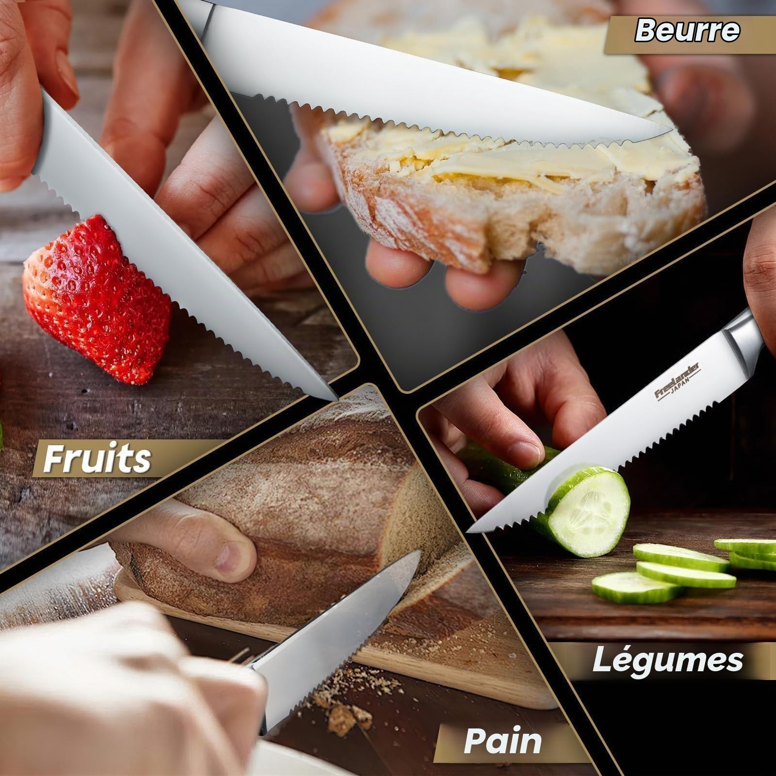 Freelander Lot de 4 Couteaux à Steak Dentelés avec Manche en Bois | Lames Dentelées Tranchantes, Manche Ergonomique en Bois, Idéal pour Steak, Viande et Repas Quotidiens