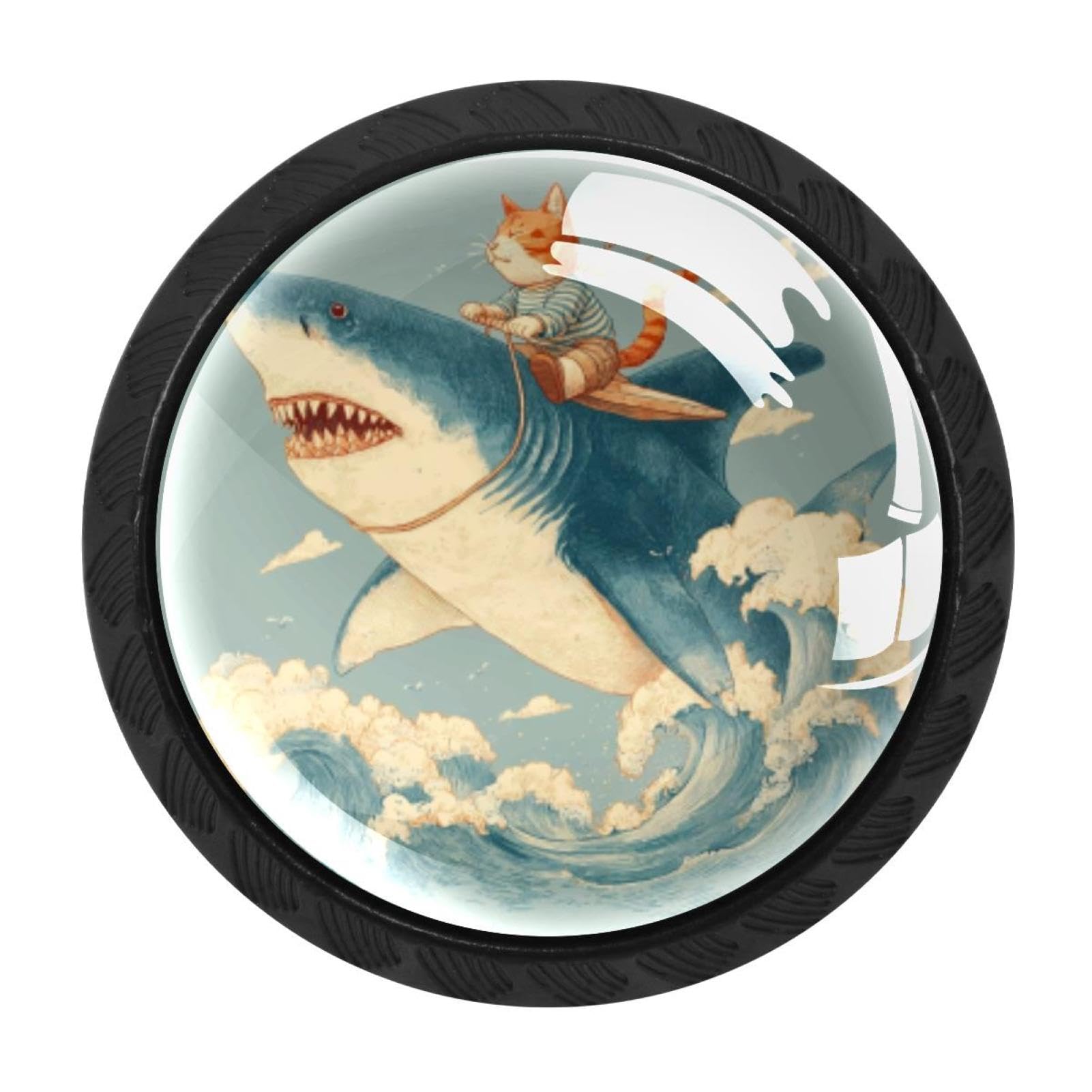 CHENZZZZ 4 Pieces Round Cabinet Knobs Funny Cat Riding Shark Ocean (1) Dresser Knobs Pulls Handles with Screws for Drawer Pulls Handles Knobs Door Knobs