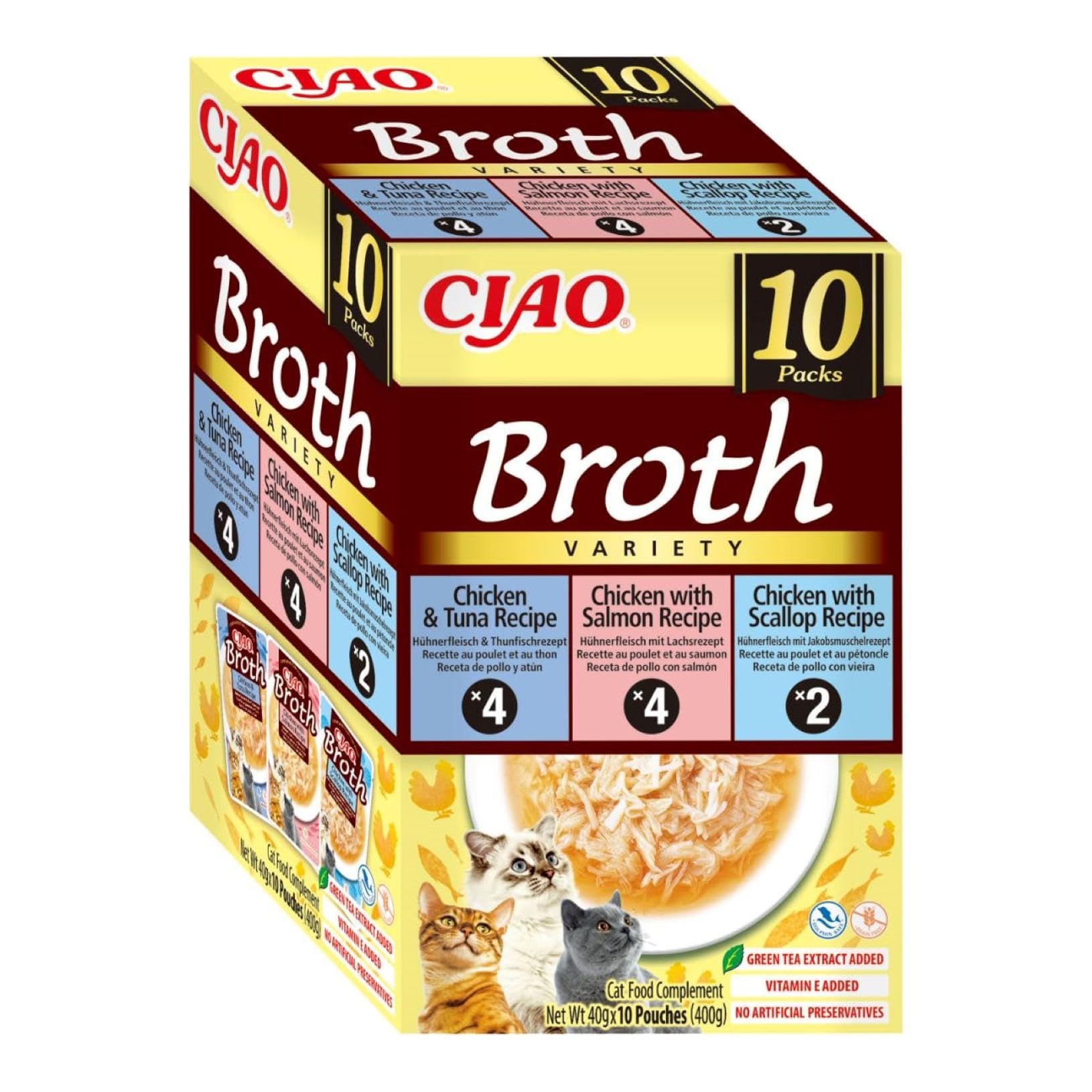 INABA Ciao Broth, Multipack Pollo, Salmón, Atún y Vieira, 400g | Caldo Ligero con Pollo Desmenuzado, Complemento y Guarnición para su Comida, Ingredientes Premium, Bajo en Calorías