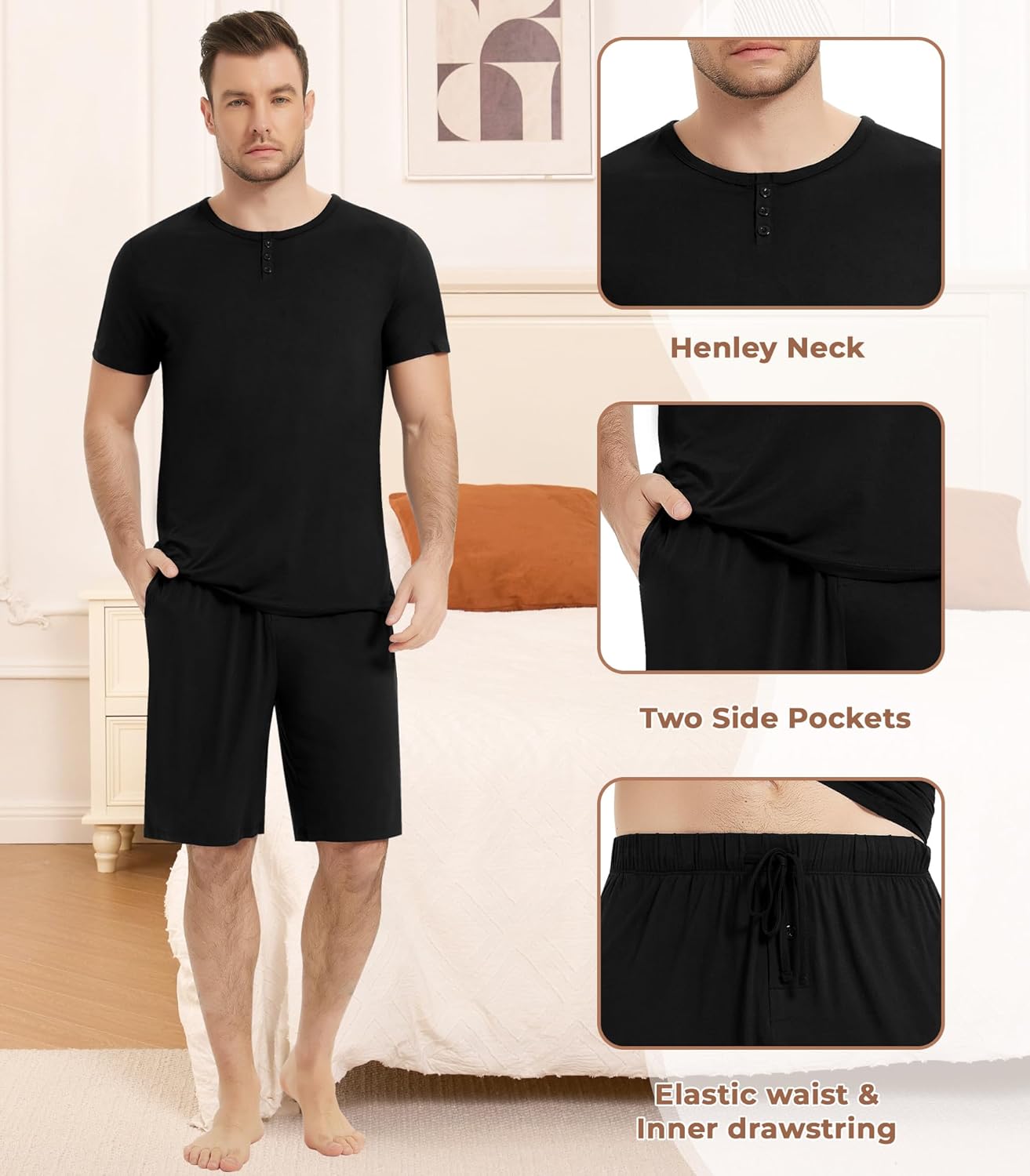 NACHILA Men's Pajamas Set-Viscose Made from Bamboo, Soft Sleepwear Short Sleeve Pjs Top with Shorts Cool Loungewear - Image 4