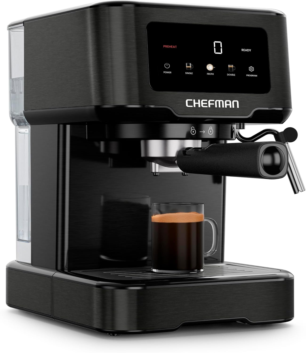Chefman CraftBrew Espresso Machine, 15-Bar Pump Digital Espresso Maker w/Steam Wand for Latte & Cappuccino, Compact Espresso Coffee Machine w/ 1.5L Removable Water Reservoir – Black