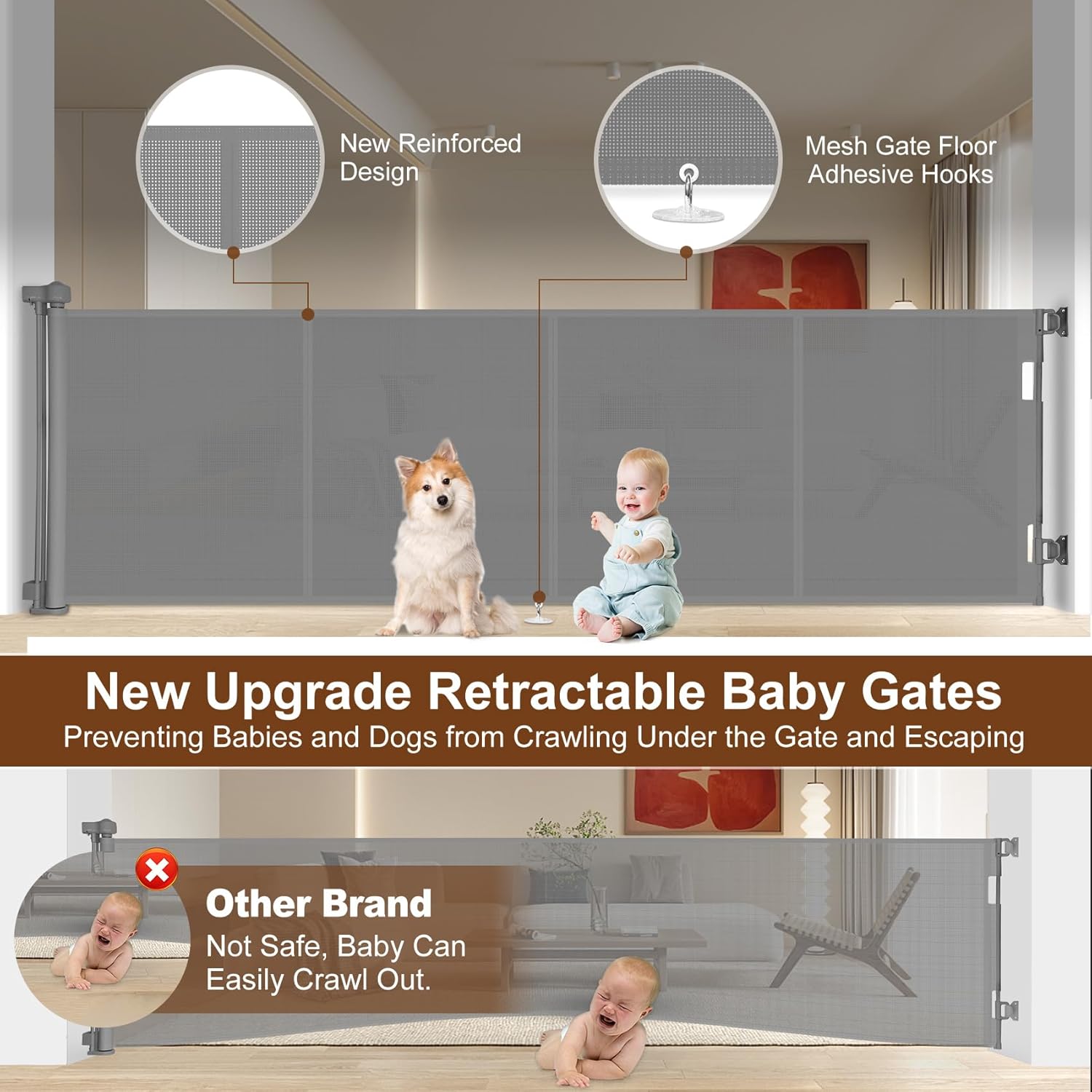 miumoon 200 inch retractable baby gates 37 inch tall, retractable gate with reinforced strip design to prevent crawling through, 16 ft outdoor retractable gates, extra wide retractable gate for garage gray 37" tall x 200" wide