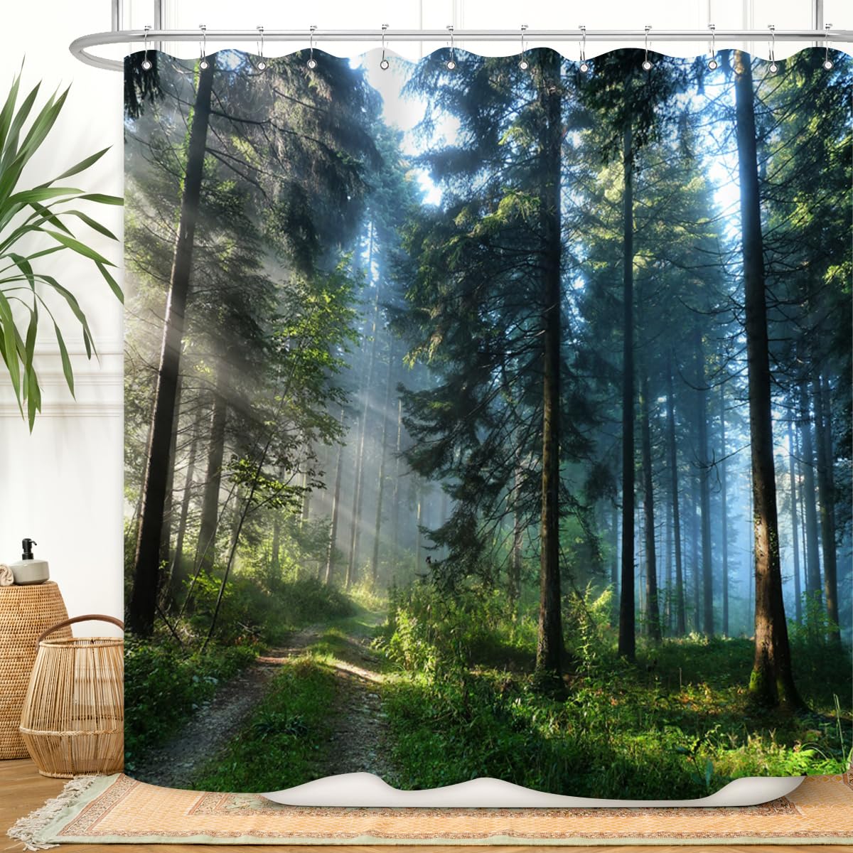 ZXMBF Trees Forest Sunlight Shower Curtain Straight Tall Trees Sunshine Attractive Nature Landscape Waterproof Fabric Bathroom Decor 72x72 Inch Green