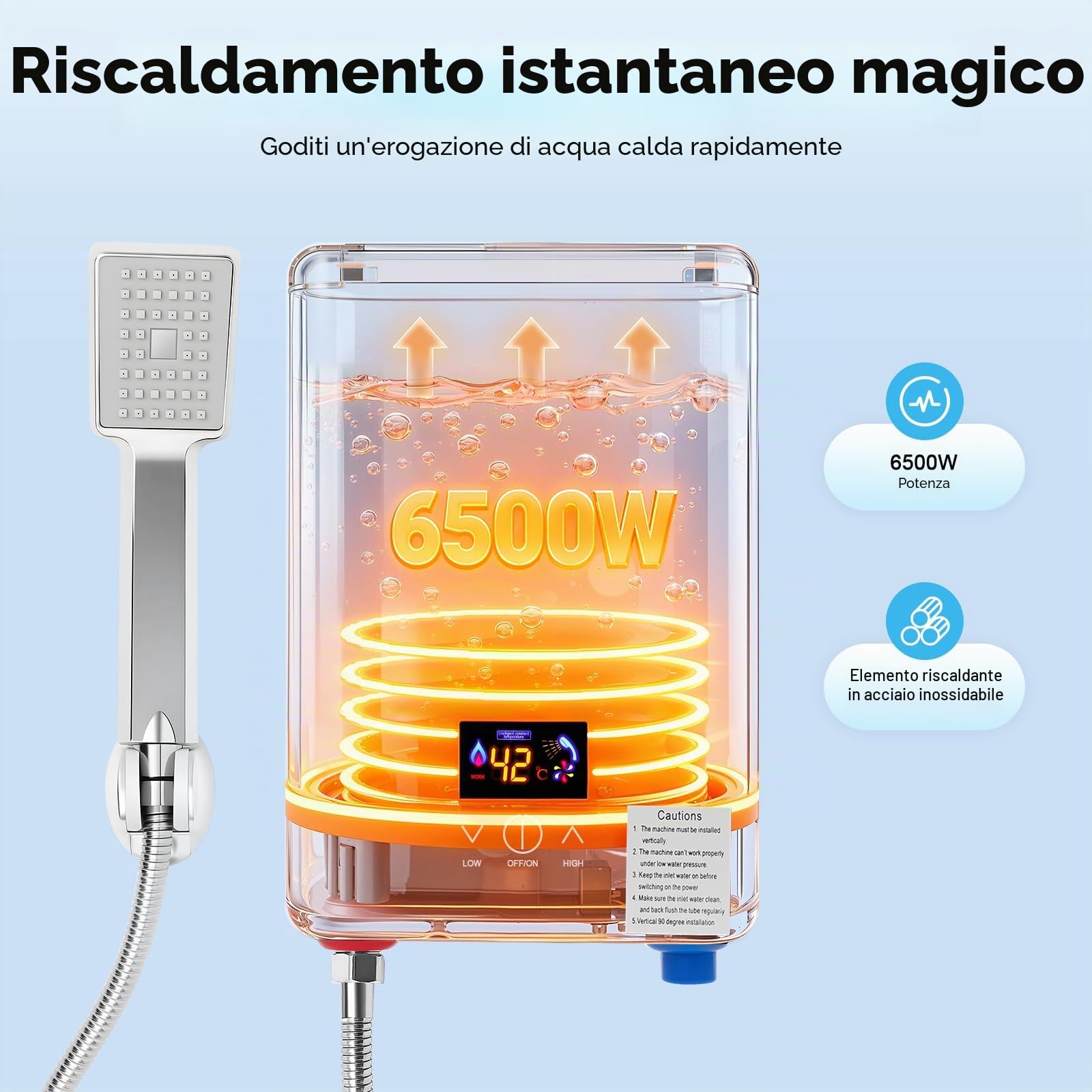 Scaldabagno Istantaneo, Scaldabagno Elettrico Senza Serbatoio, 6500W Mini Scaldabagno a Parete, Con Display della Temperatura, Temperatura Costante LED, Doccia per Bagno Cucina Casa Hotel Appartamento
