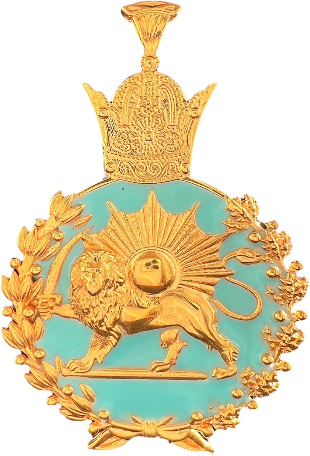 22K Gold plaited Blue Inlay Imperial Lion & Sun Coat of Arm Persia Persian Farvahar Pahlavi Shah 925K Silver Pendant Necklace,Mythology Mens Gift Iran