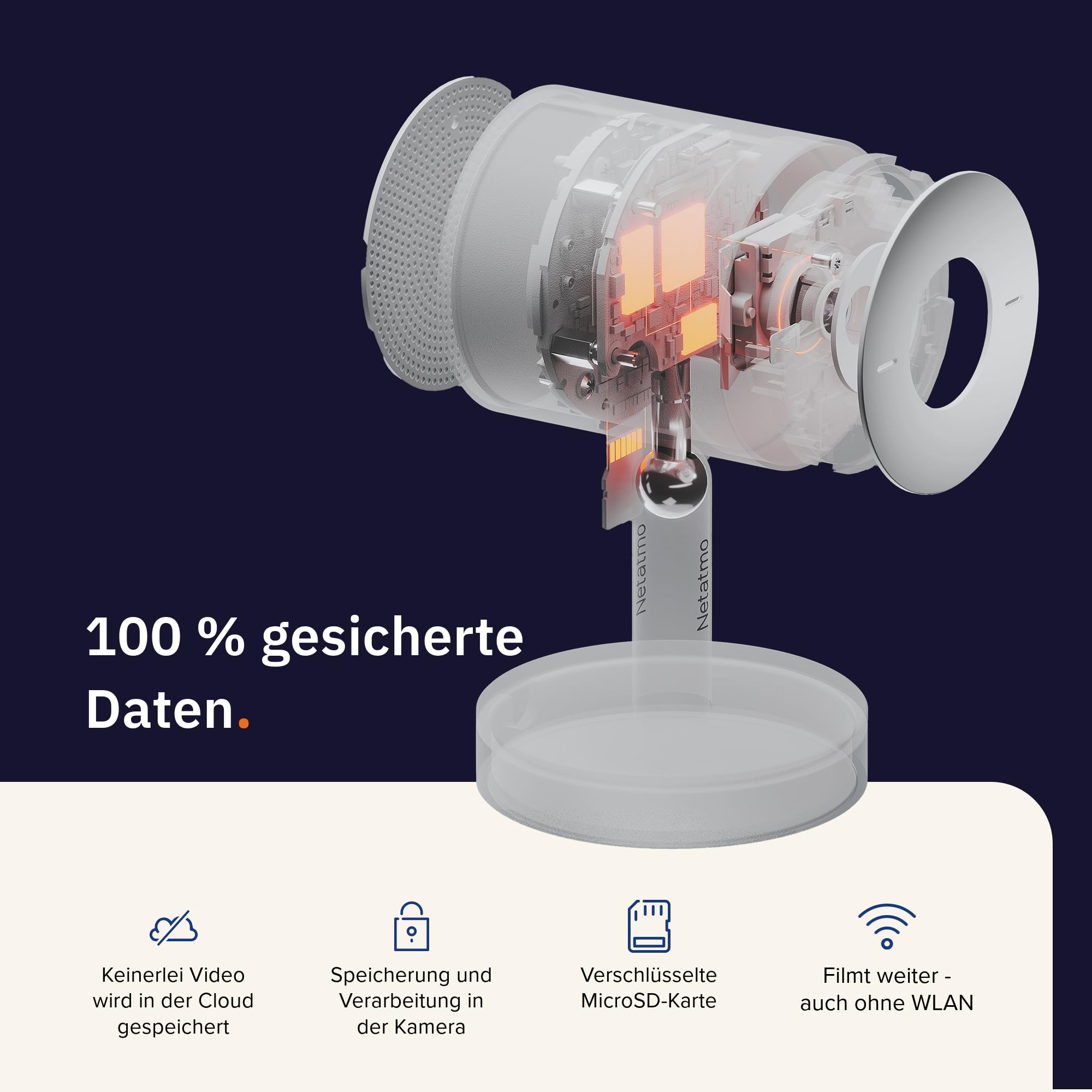 Netatmo Smarte Innenkamera Advance, KI-Optimierte Gesichtserkennung, 2-Wege-Audio, 130° Weitwinkelansicht, 2K HDR, 30 fps, Zoom X16, 2X SD-Karten - Schwarz