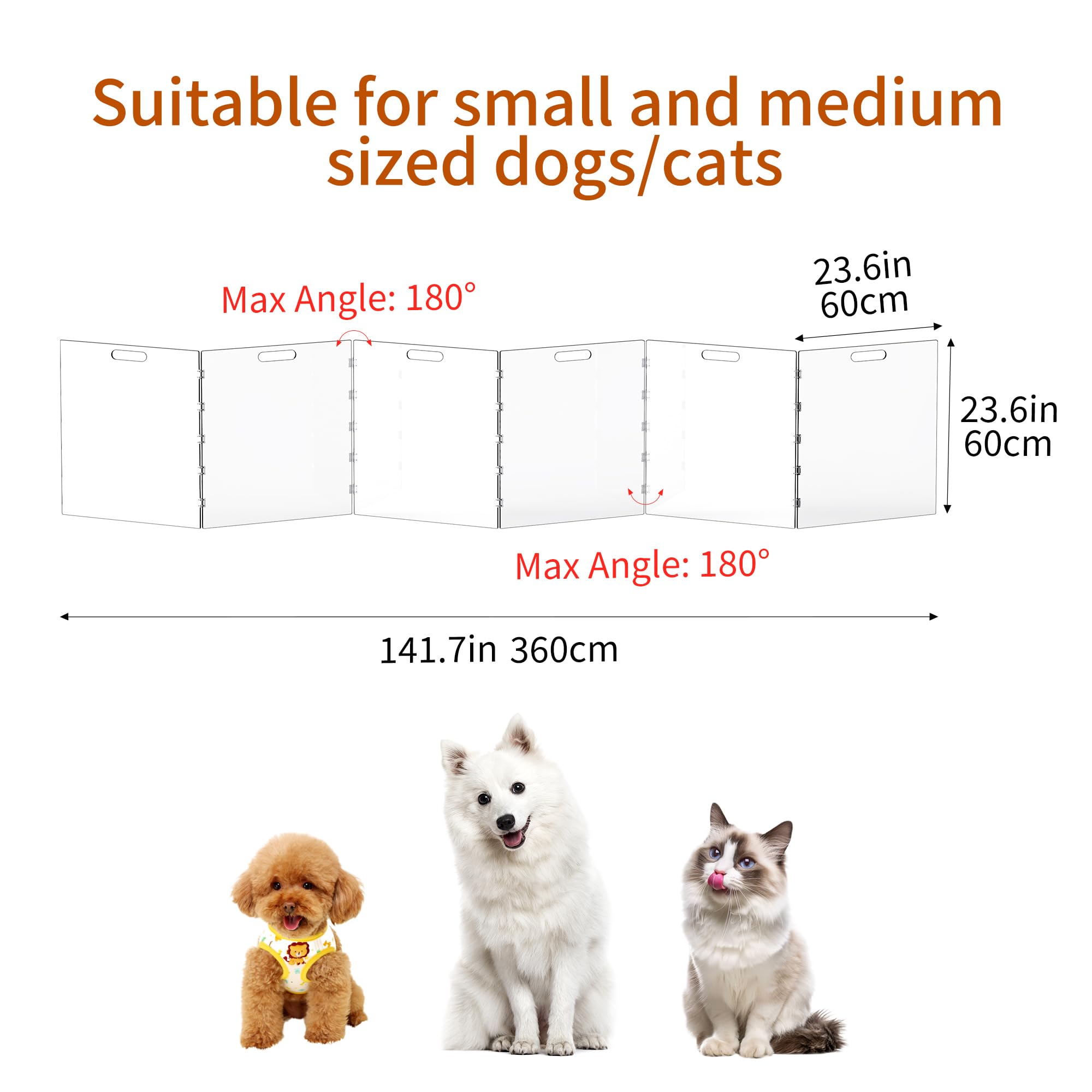 Cancello per cani in acrilico trasparente, cancello indipendente per porte interne, box pieghevole in acrilico per cani, senza fori, trasparente, 6 pannelli