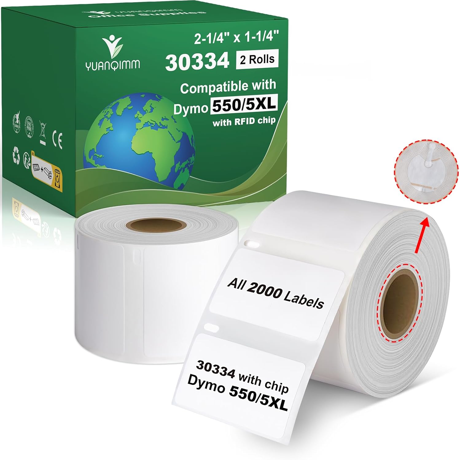 30336 1" x 2-1/8" Compatible for DYMO LabelWriter 5XL 550 550 Turbo 4XL 450 Wireless 450 Duo 450 Twin Turbo, 25mm x 54mm Label with RFID Chip, for Barcodes, 6 Rolls, 3000 Labels
