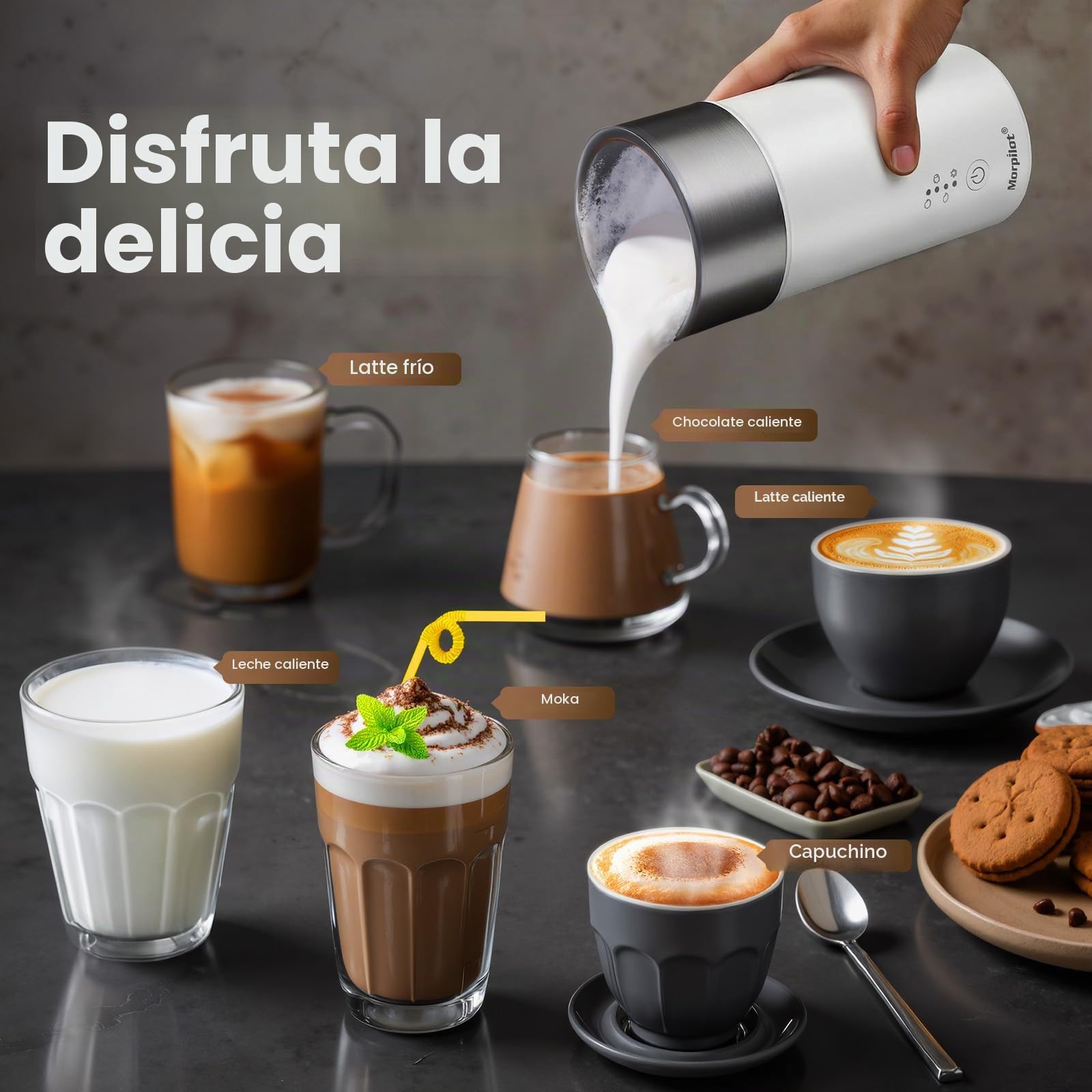 Morpilot Espumador de Leche Eléctrico Automático, Función 4 en 1, Acero Inoxidable, para Espuma Fría y Caliente, Latte, Capuchinos y Macchiato, Blanco