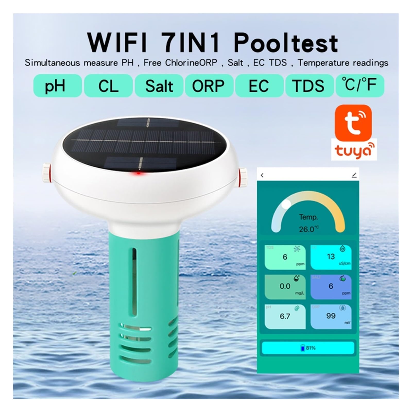 7 W 1 Miernik PH/ORP/EC/TDS/Temp/CL/Sól Tester Jakości Wody Kompatybilny Z Bluetooth Współpraca Aplikacją Soli Basenowej Do Basenów