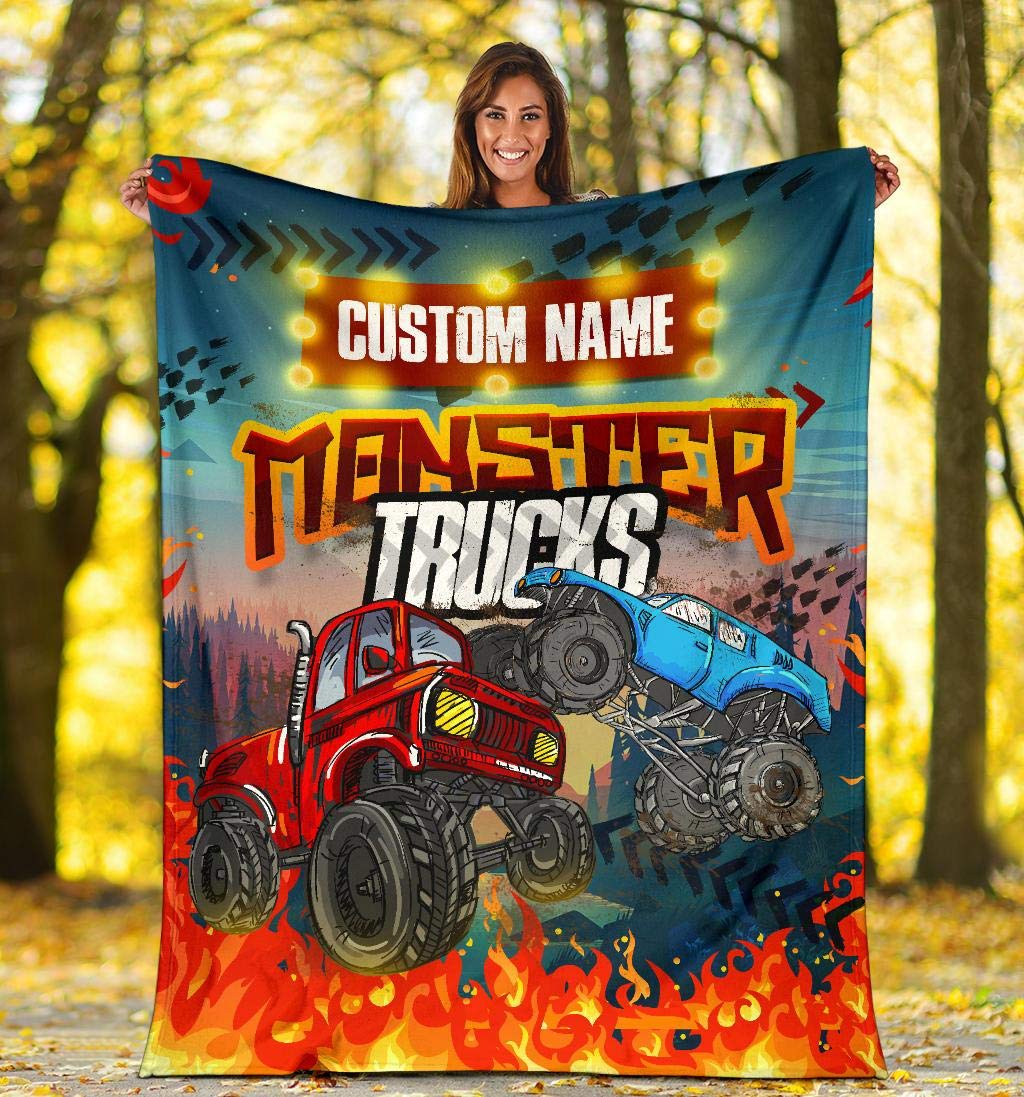 VikingsBrand Personalized Name, Custom Name Monster Truck Blanket for Kids, Kids Bedding Fleece Blanket, Boys & Girls Throw (Monster Truck-RB, X-Large (80 x 60 inches / 200 x 150 cm))