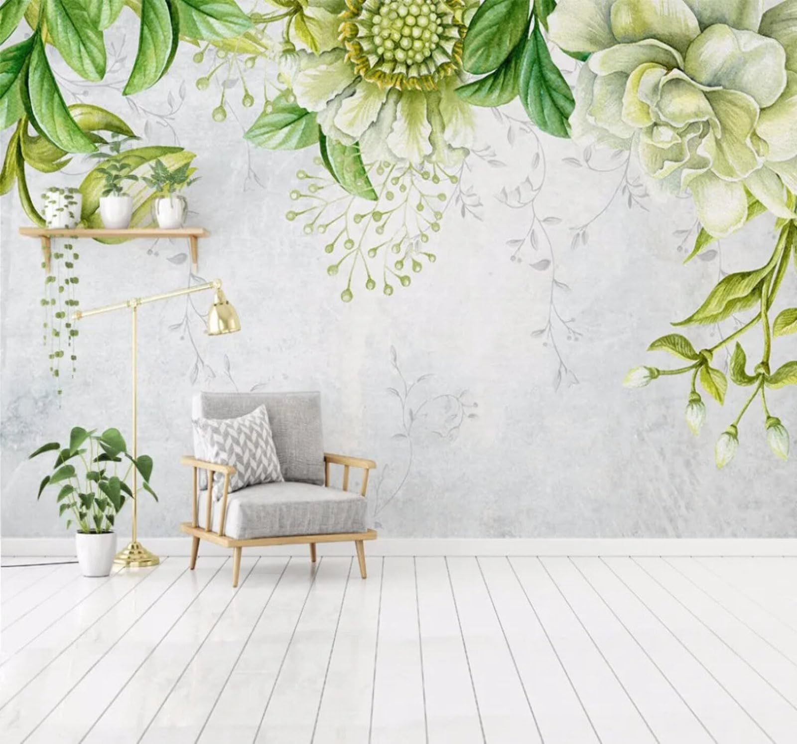 Vintage Fresh Green Hand Drawn Floral 3D Wallpaper Easy Install Feature Office Living Room Sofa Bedroom TV Background Wall Decoration-400cm×280cm