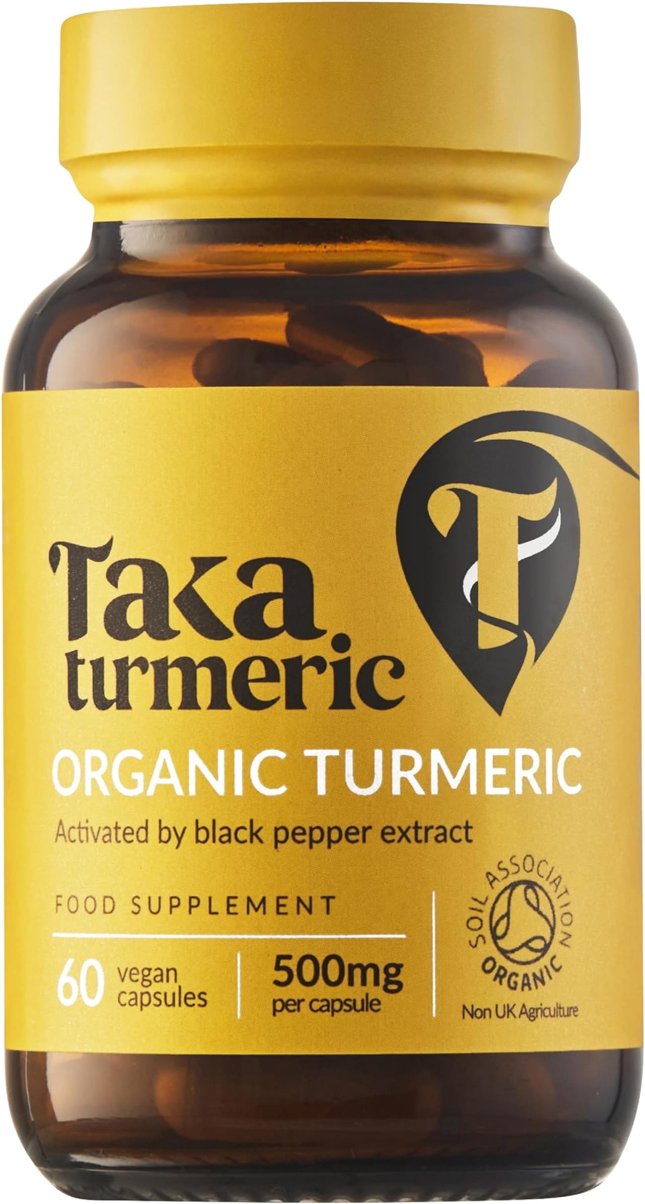 Taka Turmeric, 60 Caps Organic Turmeric with Black Pepper Extract Tumeric Curcumin Supplement, High Strength Tumeric Capsules with Curcumin and Black Pepper, Vegan, Recyclable Packaging