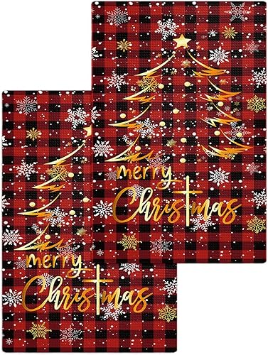 Kitchen Towel 2 Packs Cotton Waffle Weave, Merry Christmas Tree Red Black Buffalo Plaid Snowflake 16 x 24 Inch Absorbent Quick Drying Dish Towels