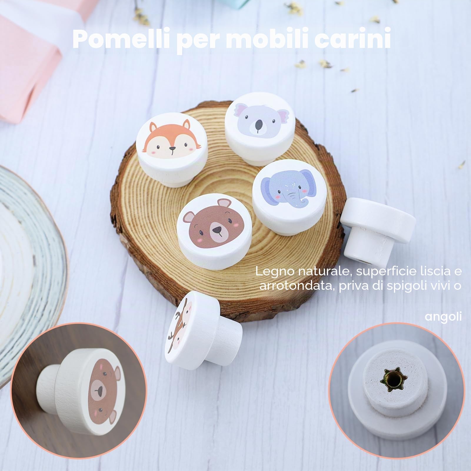 6 Pezzi Pomelli Per Mobili Bambini in Legno, Maniglie Cameretta con Viti, Pomelli Decorativi in Legno per Armadietti con Diversi Motivi di Animali