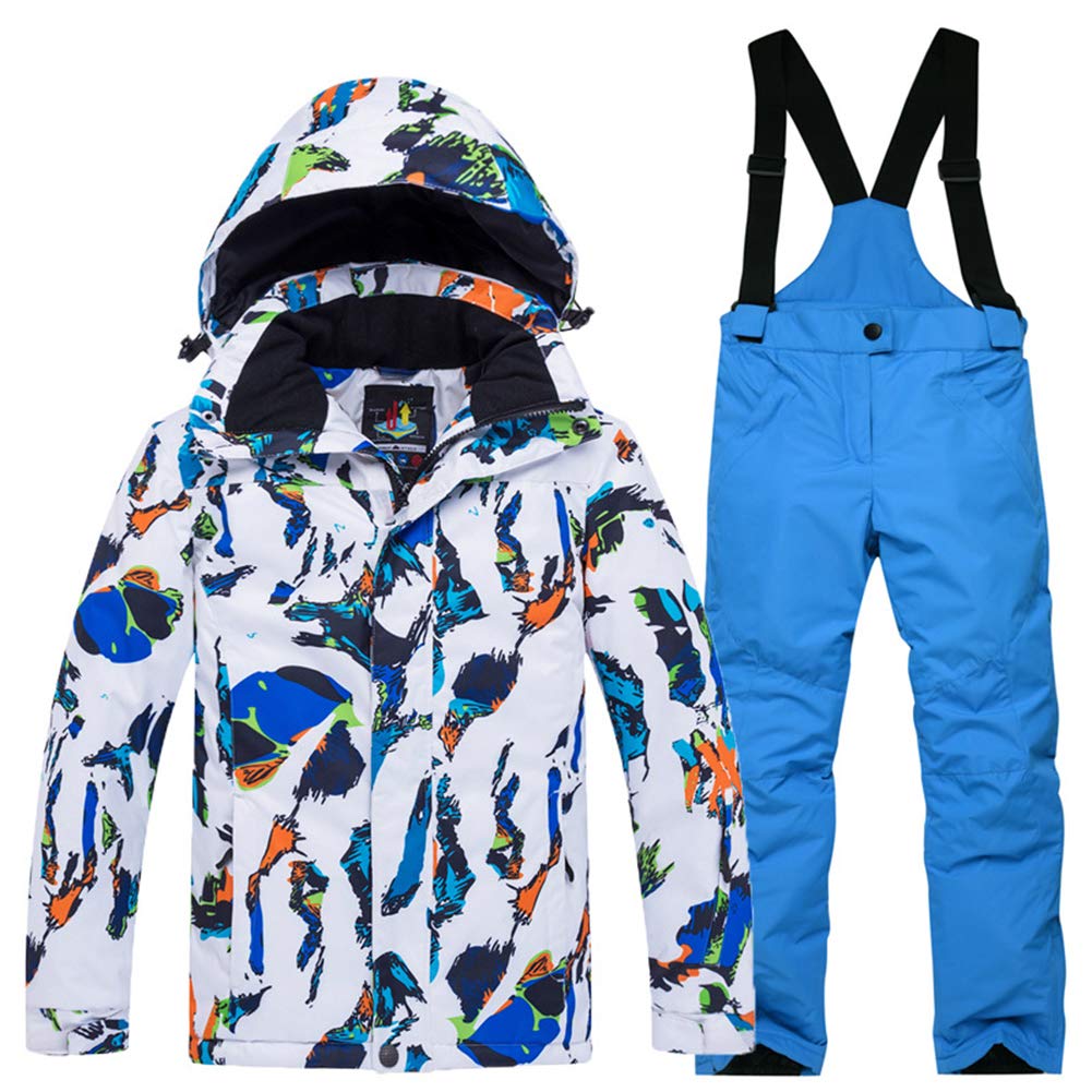 Unisexe-Enfant Garçon Fille Ensemble Veste de Ski avec Salopette Combinaison Manteau de Ski Chaud Sport Hiver,Blanc-Bleu+Bleu Roi,2XL/12-13ans,Hauteur recommandée:160cm
